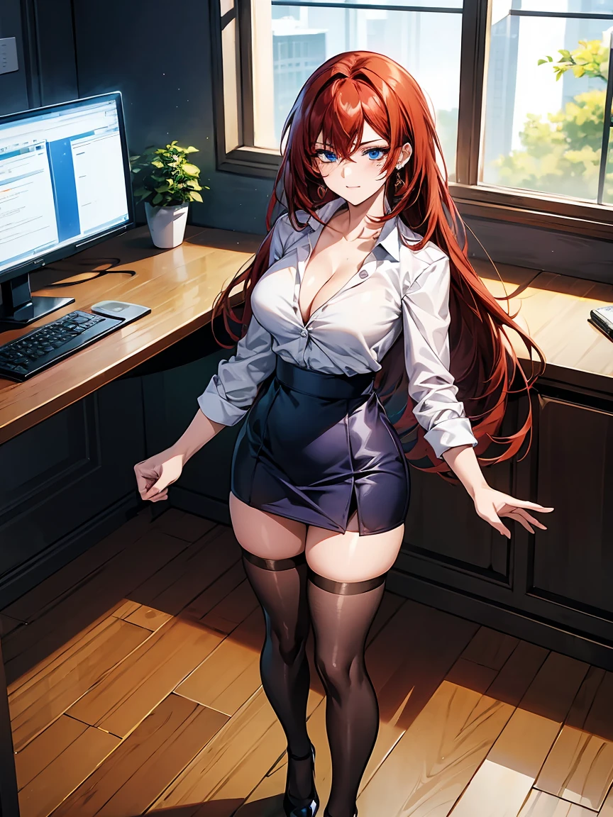 (highres, best quality:1.2), intricate details, vibrant image, sharpness, colorful, , solo, 1girl, mature female, milf, full body shot, looking at viewer, standing , (against wall:1.1),indoors, office, table, chair, computer, coffee mug, window, sky, determined, red hair, long hair, loose hair, makeup, blue eyes, perfect eyes, perfect face, detailed face, earrings, shirt dress, miniskirt, thighhighs, high heels, slim, mediun breasts, cleavage, thighs,