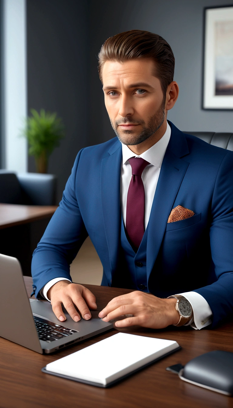 35 year old businessman in elegant suit sitting in professional office environment using laptop, (best quality, 4k, 8k, high resolution, masterpiece: 1.2), highly detailed, (realistic, photorealistic, photorealistic: 1.37), interior offices, elegant furniture, studio lighting, sharp focus, vivid colors, detailed hands and face, business presentation, professional approach, proportional silhouette