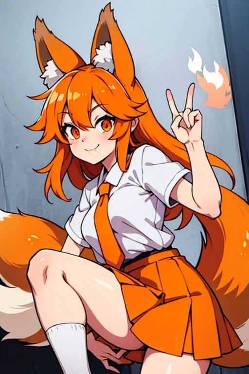 A Kemonomimi Fox girl with a beautiful face, Orange eyes, Orange hair, cute fluffy Fox ears, Orange Tie, white Shirt, grey skirt, Long grey socks, cute japanese Shoes, smiling, Charismatic