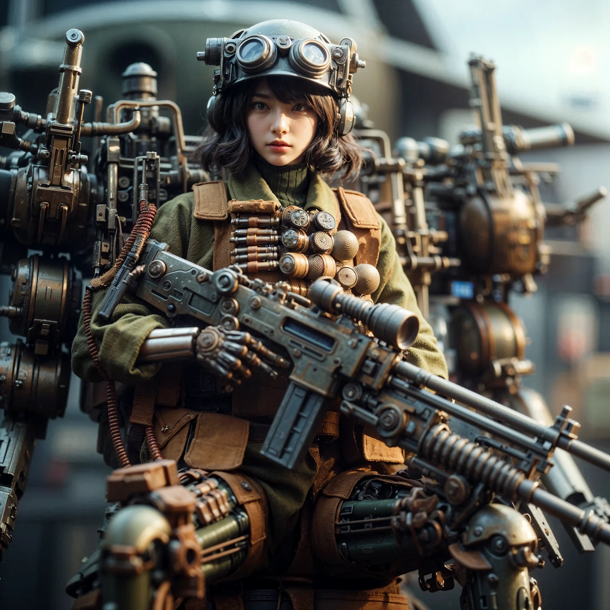 superrealism, ultra high res,8k,(Photorealsitic:1.4), (WWⅡ-like mechanical suit:1.2), designed by Hajime Katoki,heavy weapons,vivid textures,animal legs, gradation hair, japanese female soldier,(ultra beautiful face),((super realistic all textures)), ((super intricate all details)), full body shot, ultra sharp photo result, Olive Drab color, scratch, Rust, weathering, steampunk, taken with Fuji film X-T30+Nokton. HDR10,Minimum of 4 pieces created