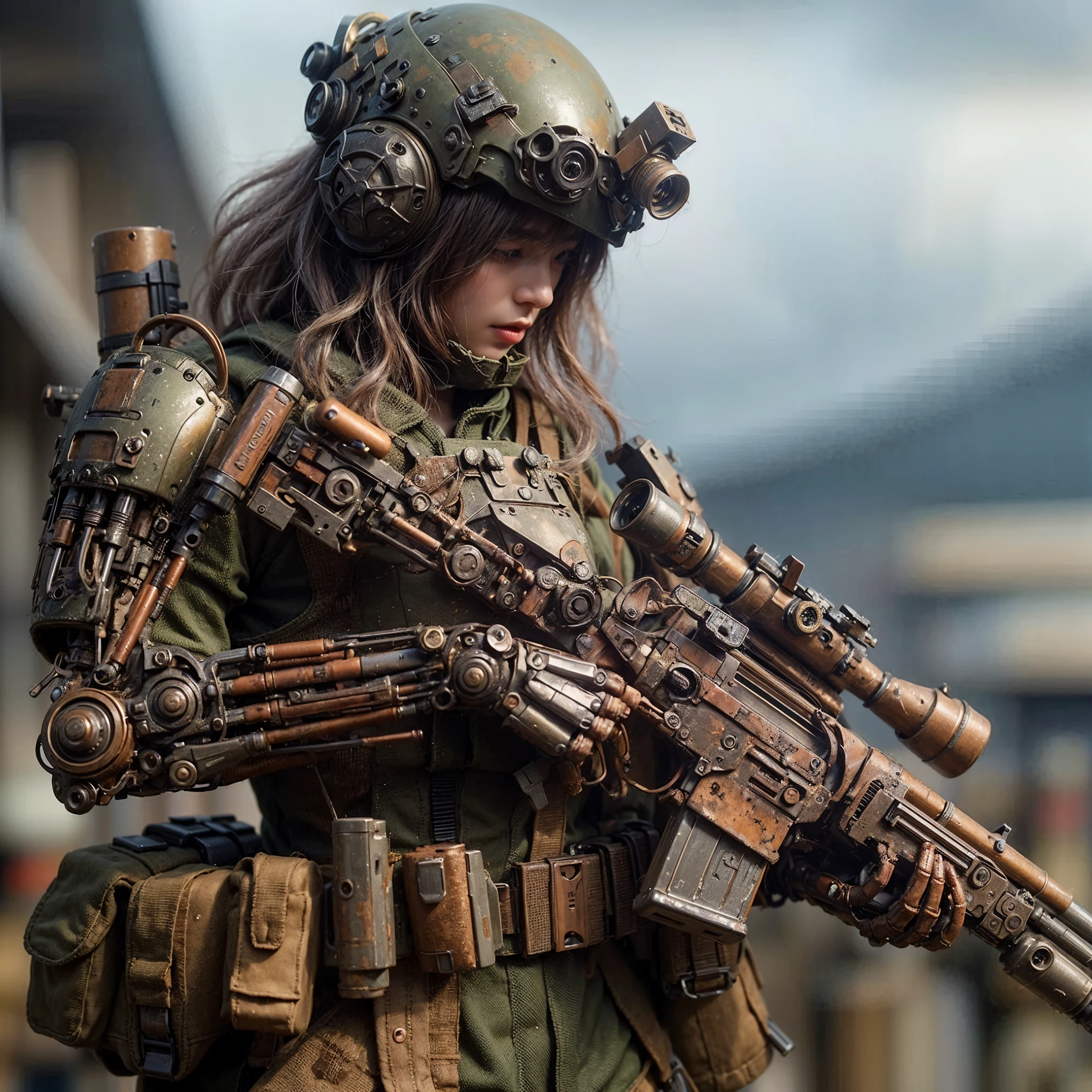 superrealism, ultra high res,8k,(Photorealsitic:1.4), (WWⅡ-like mechanical suit:1.2), designed by Hajime Katoki,heavy weapons,vivid textures,animal legs, gradation hair, japanese female soldier,(ultra beautiful face),((super realistic all textures)), ((super intricate all details)), full body shot, ultra sharp photo result, Olive Drab color, scratch, Rust, weathering, steampunk, taken with Fuji film X-T30+Nokton. HDR10,Minimum of 4 pieces created