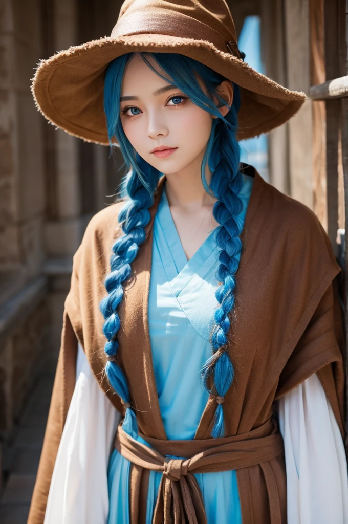 Blue hair, braids, brown pointed hat, brown robe, wizard, dreamy eyes, female, 20s