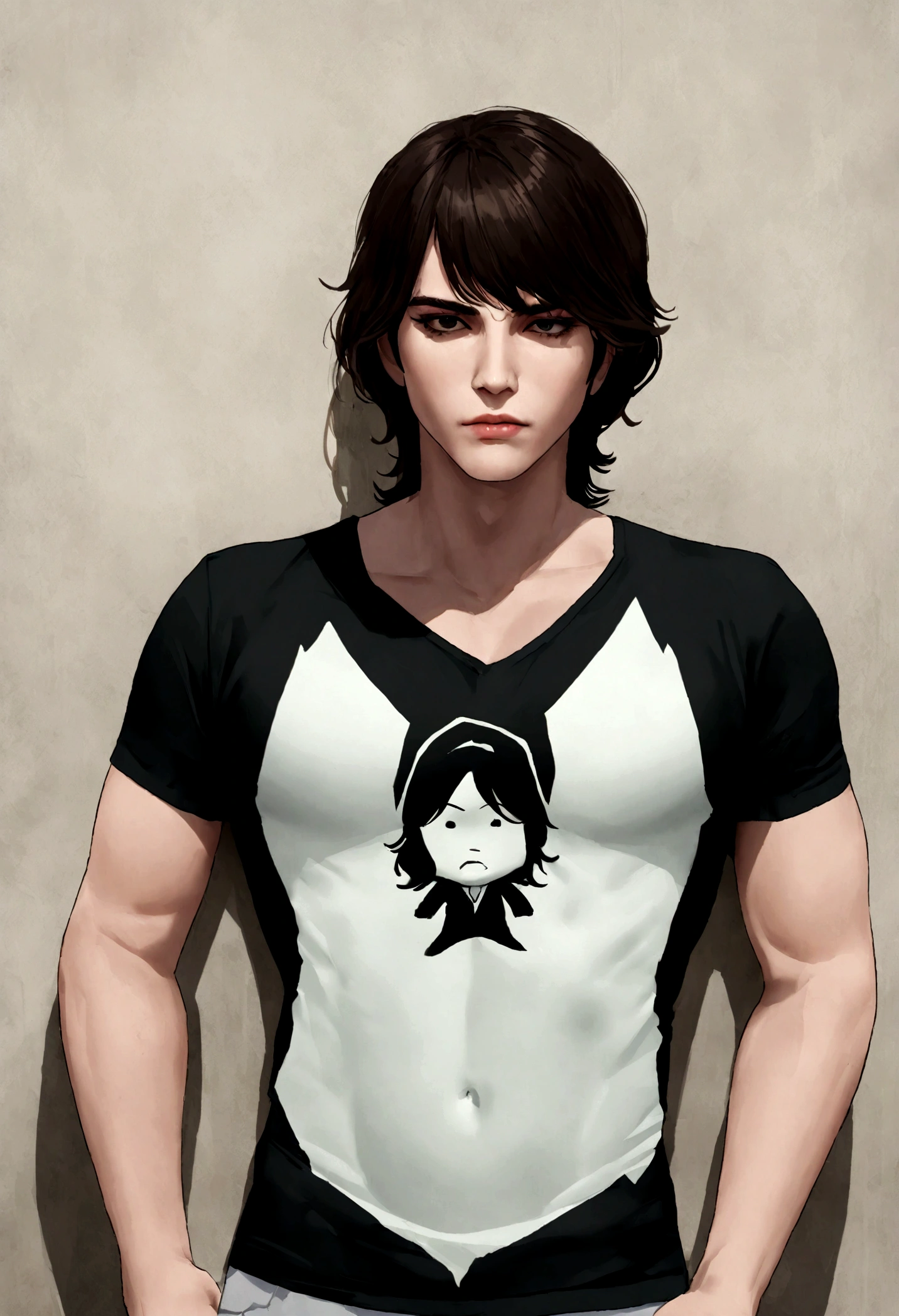 (Camiseta blanca para hombre), ), (con una barba corta,) Aspecto atractivo y serio, Dark brown hair, Elegante y con estilo, Camiseta de cuerpo fuerte afeitada, Un hombre similar al actor Jim Morrison, (Imagen realista y de alta calidad), Apartamento escandinavo en el fondo con pintura de pared azul, ((La mejor calidad, 8K, obra maestra).