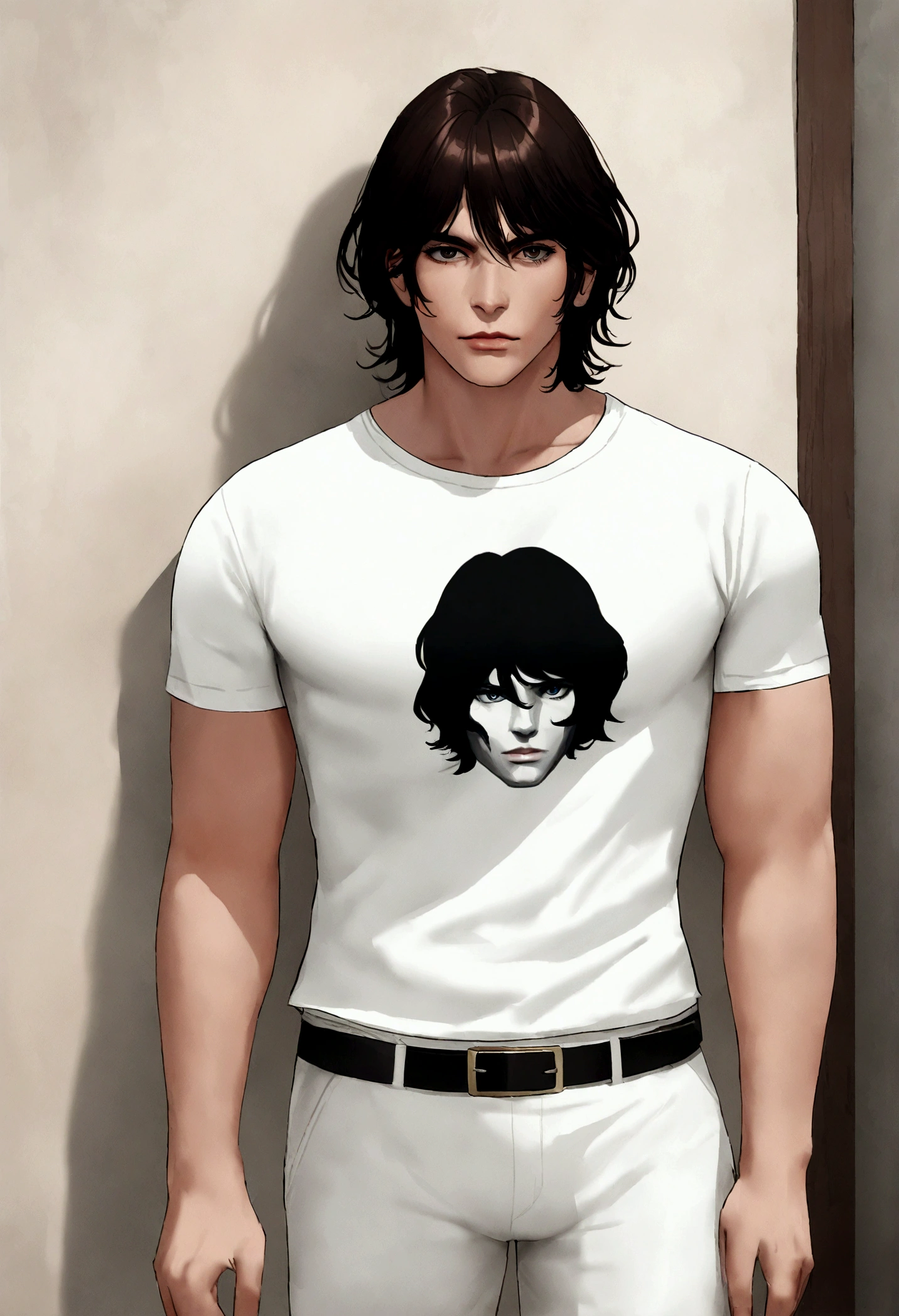 (Camiseta blanca para hombre), ), (con una barba corta,) Aspecto atractivo y serio, Dark brown hair, Elegante y con estilo, Camiseta de cuerpo fuerte afeitada, Un hombre similar al actor Jim Morrison, (Imagen realista y de alta calidad), Apartamento escandinavo en el fondo con pintura de pared azul, ((La mejor calidad, 8K, obra maestra).