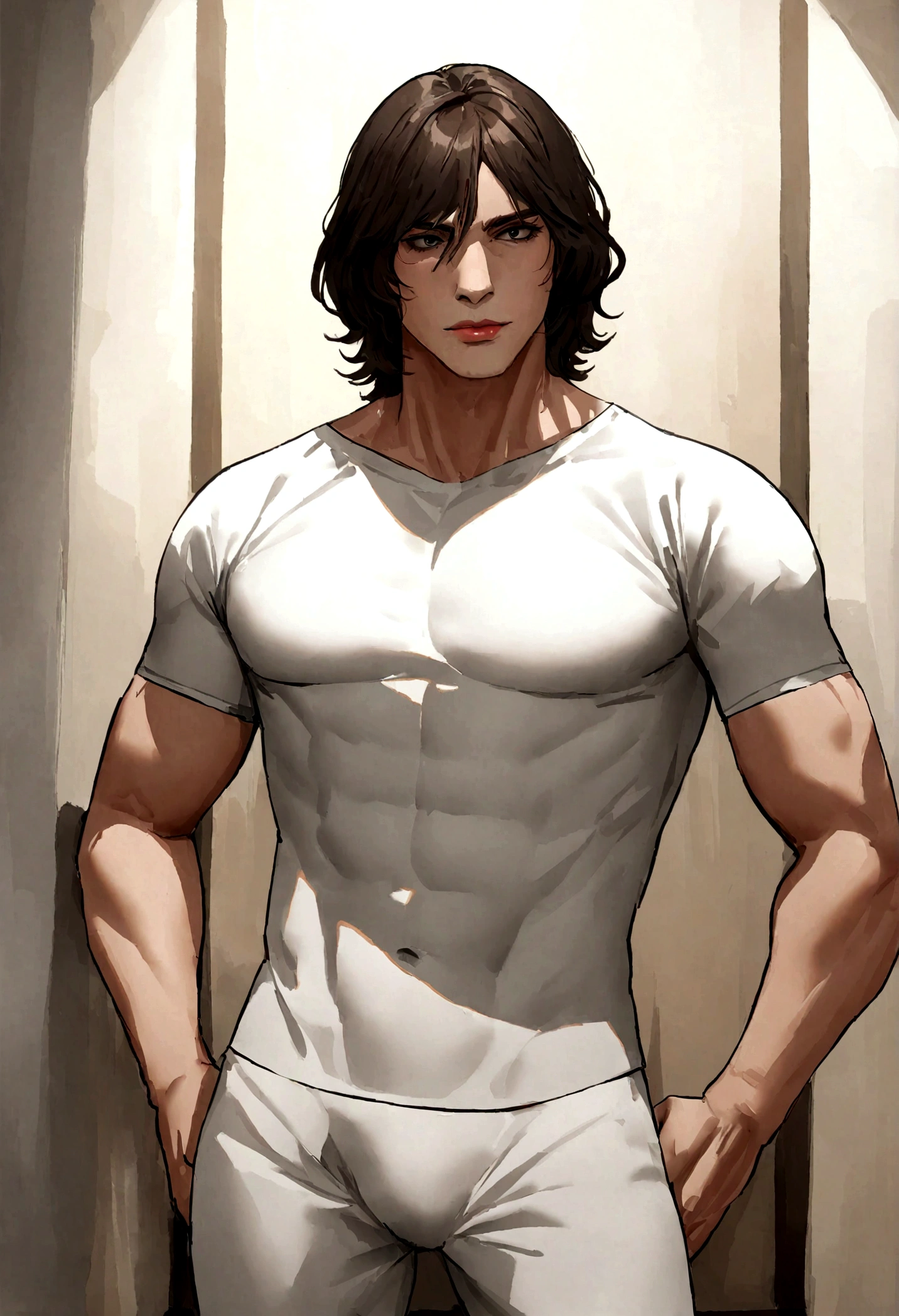 (Camiseta blanca para hombre), ), (con una barba corta,) Aspecto atractivo y serio, Dark brown hair, Elegante y con estilo, Camiseta de cuerpo fuerte afeitada, Un hombre similar al actor Jim Morrison, (Imagen realista y de alta calidad), Apartamento escandinavo en el fondo con pintura de pared azul, ((La mejor calidad, 8K, obra maestra).