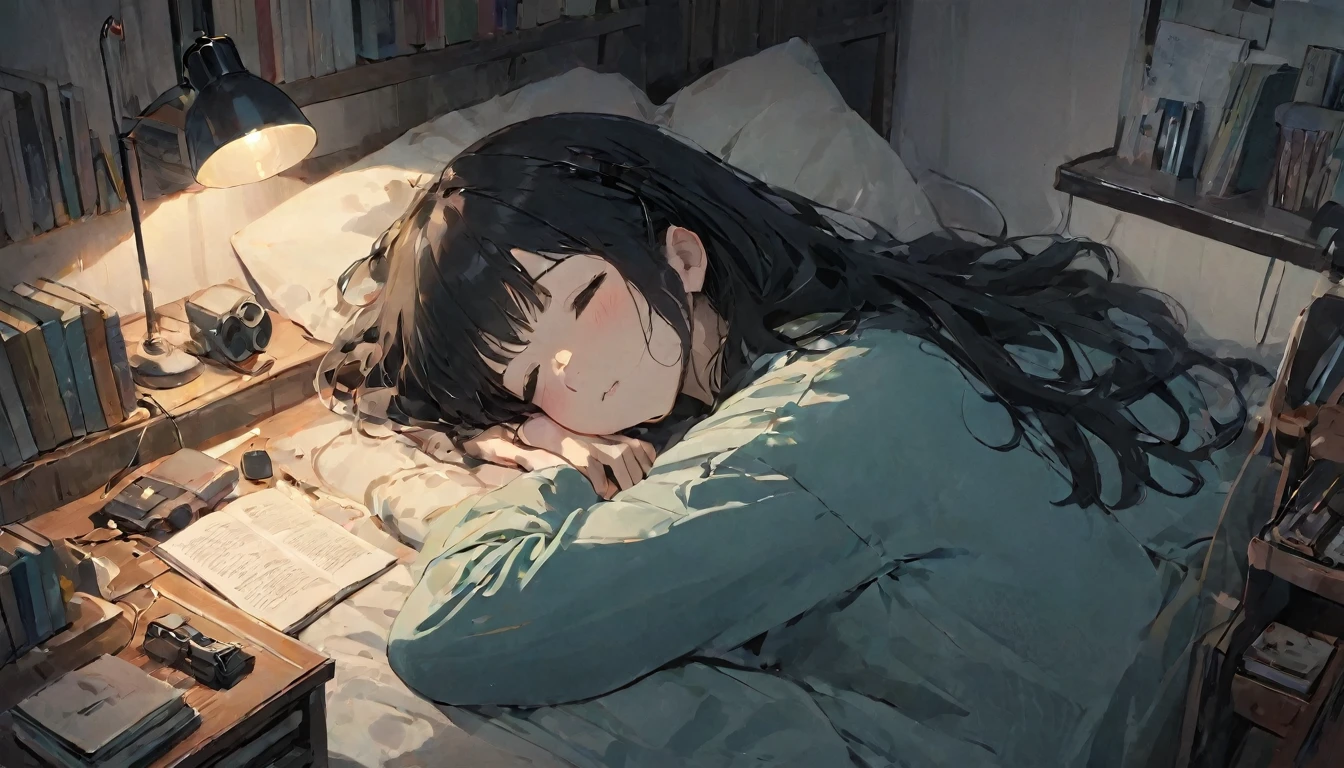 (A room with a messy desk and books. Lying in bed、Anime illustration of a black-haired girl sleeping with headphones on and her chin resting on them while listening to music、Dark Eyes、Japanese