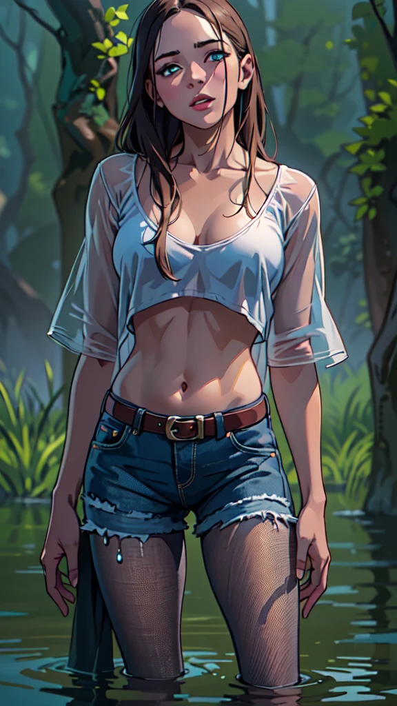 a beautiful young girl in a tight wet jeans with flared legs, blushed cheeks, in a horny pose with orgasm expression, drowning in a swamp at dusk, wearing a crop-top, looking around, (best quality,4k,8k,highres,masterpiece:1.2),ultra-detailed,(realistic,photorealistic,photo-realistic:1.37),HDR,UHD,studio lighting,ultra-fine painting,sharp focus,physically-based rendering,extreme detail description,professional,vivid colors,bokeh,portrait