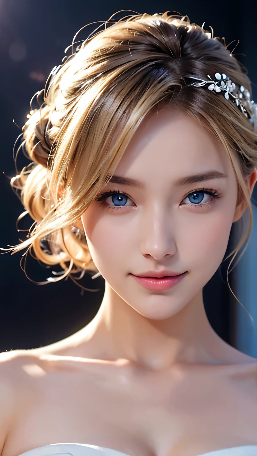 bride、wedding style、wedding styleの写真、Luxury Dresses、church、Lightly Dressed、Formal Wear、night景、illumination、blue eyes、blonde、short hair、Hair tied up、Full body photo、Sexy Face、short hair、 Complete look、(((masterpiece)))、((highest quality))、((超Realistic))、成熟したwoman、成熟したwoman、perspective、Very detailed、The perfect temptation、Best image quality、Fine-grained image quality、beautiful、European, woman, French, woman Italian, Italian, smile、blue eyes、jewelry, blue eyes, Realistic, High resolution, Glowing Skin, (Detailed face),jewelry, , night, blonde, Wavy Hair,attractive appearance, smile,Large Breasts、Cleavage