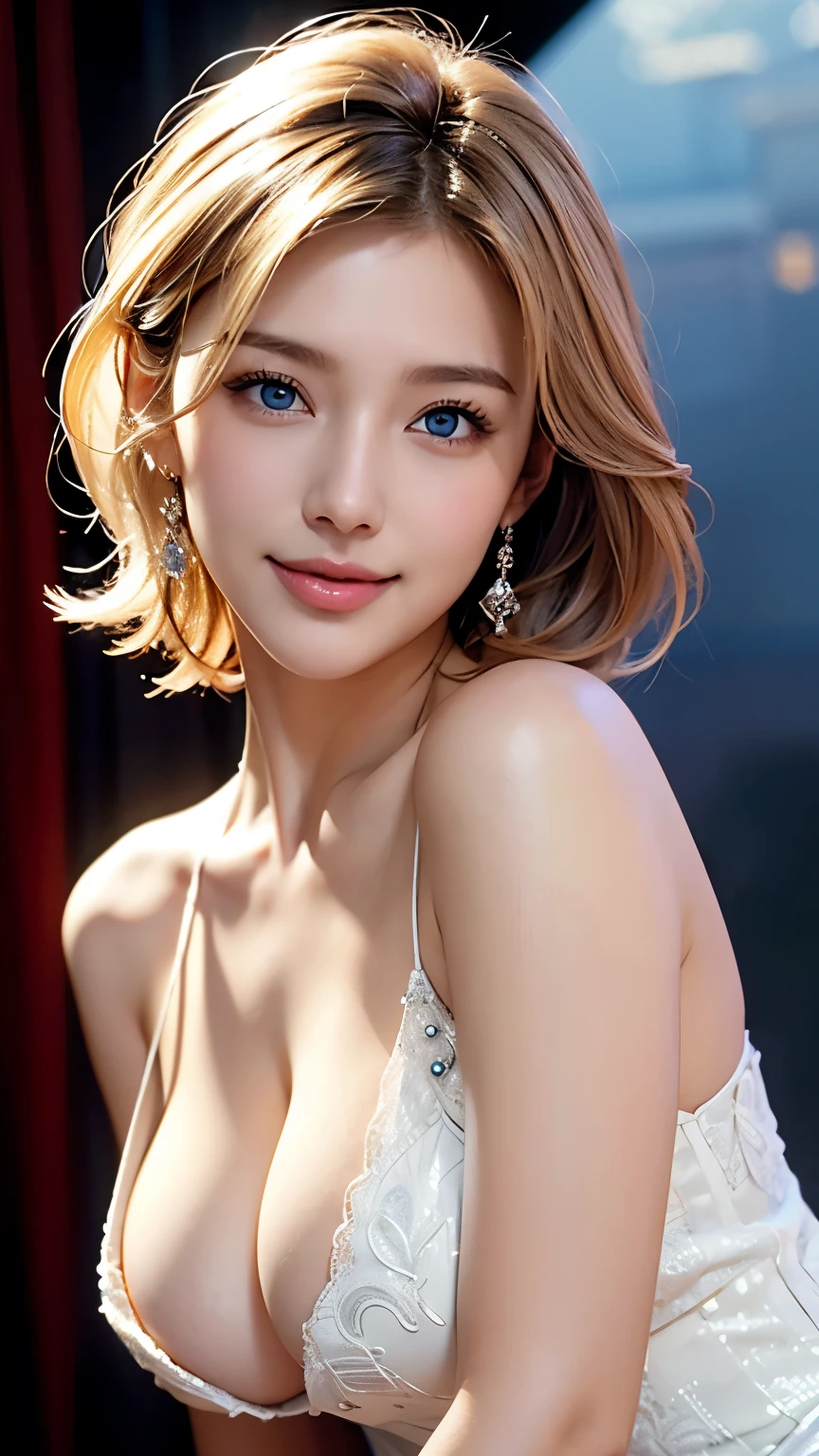 bride、wedding style、wedding styleの写真、Luxury Dresses、church、Lightly Dressed、Formal Wear、night景、illumination、blue eyes、blonde、short hair、Hair tied up、Full body photo、Sexy Face、short hair、 Complete look、(((masterpiece)))、((highest quality))、((超Realistic))、成熟したwoman、成熟したwoman、perspective、Very detailed、The perfect temptation、Best image quality、Fine-grained image quality、beautiful、European, woman, French, woman Italian, Italian, smile、blue eyes、jewelry, blue eyes, Realistic, High resolution, Glowing Skin, (Detailed face),jewelry, , night, blonde, Wavy Hair,attractive appearance, smile,Large Breasts、Cleavage