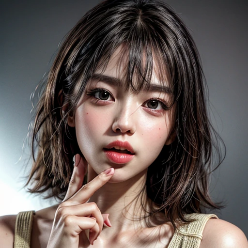 (highest quality,Super detailed,Physically Based Rendering:1.2), (RAW, Realistic, Photorealistic:1.37), (Acutance:0.85),Portraiture,Beautiful young woman with Delicate facial features,Soft lighting, ((Playfully licking finger with tongue, Gently placing a finger in the mouth)), (Close-up shot of sensual lips),Cheeks turn slightly red,A gentle and captivating gaze, cute Like finger . Studio gray background, Light Particles, many blurred colorful Lights (dazzling bokeH) . BREAK . (((NOGIZAKA face variations))) Extremely Detailed very KAWAII face variations, elaborate detailed Eyes with (sparkling highlights:1.2), (Voluminous long eyelashes:0.9)、Glossy RED Lips with beautiful details, Coquettish tongue, Rosy cheeks, Radiant PearlSkin with clear transparency, (Natural:0.7) Detailed FlawlessSkin with glowing DowneyHair . { (Dynamic LifeLike expressions) | :d) }, (large eyes:-1) . mouth_hold