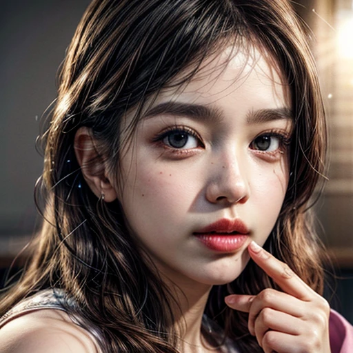 (highest quality,Super detailed,Physically Based Rendering:1.2), (RAW, Realistic, Photorealistic:1.37), (Acutance:0.85),Portraiture,Beautiful young woman with Delicate facial features,Soft lighting, ((Playfully licking finger with tongue, Gently placing a finger in the mouth)), (Close-up shot of sensual lips),Cheeks turn slightly red,A gentle and captivating gaze, cute BabyLike finger . Studio gray background, Light Particles, many blurred colorful Lights (dazzling bokeH) . BREAK . (((NOGIZAKA face variations))) Extremely Detailed very KAWAII face variations, elaborate detailed Eyes with (sparkling highlights:1.2), (Voluminous long eyelashes:0.9)、Glossy RED Lips with beautiful details, Coquettish tongue, Rosy cheeks, Radiant PearlSkin with clear transparency, (Natural:0.7) Detailed FlawlessSkin with glowing DowneyHair . { (Dynamic LifeLike expressions) | :d) }, (large eyes:-1) . mouth_hold
