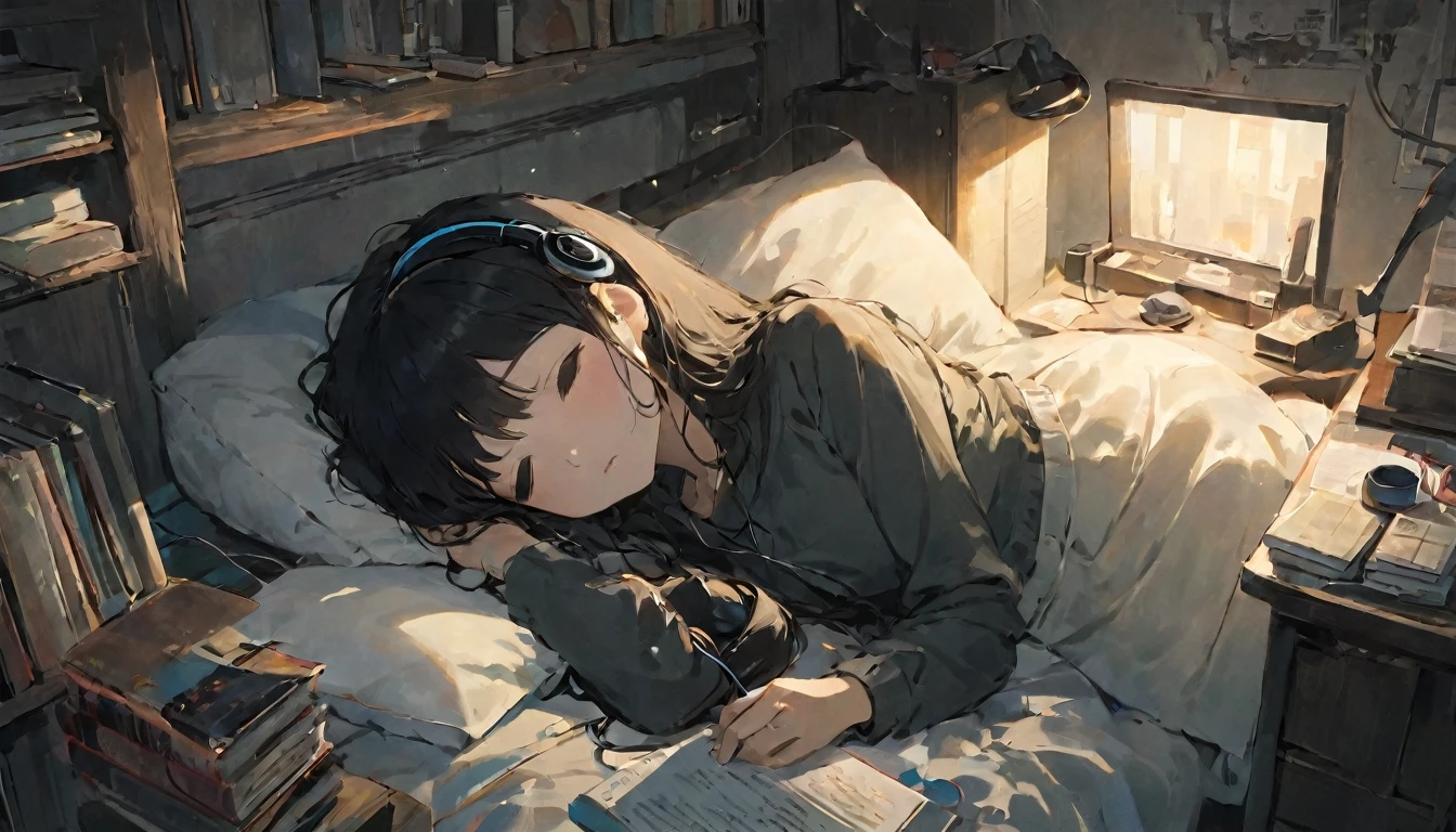 (A room with a messy desk and books. Lying in bed、Anime illustration of a black-haired girl sleeping with headphones on and her chin resting on them while listening to music、Dark Eyes、Japanese