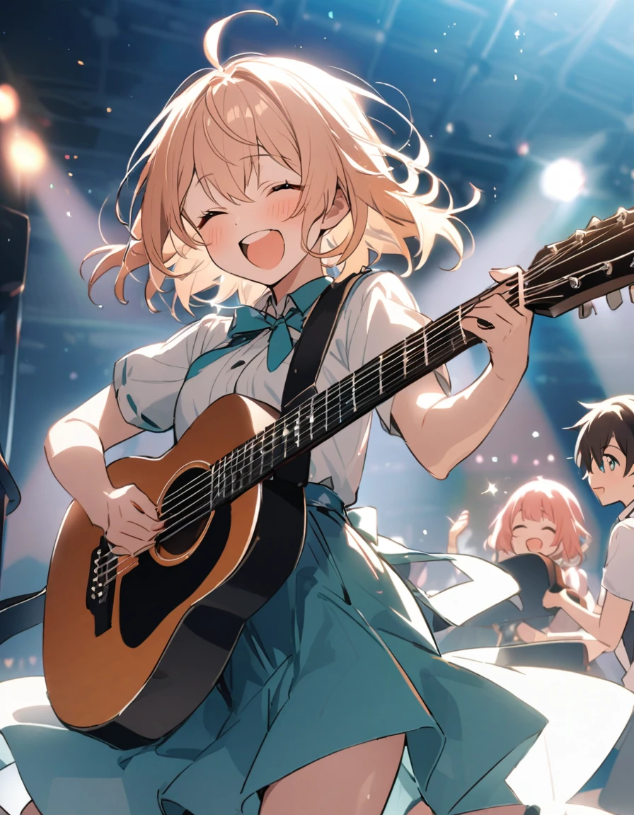 on stage、A high school girl is on both knees strumming a guitar。She arches her back、With eyes closed and a look of joy on his face、I'm enjoying the moment with all my heart。The spotlight shines brightly on her、Her performances combine passion and music to captivate audiences.。Immersed in music、Her expression of emotion is、It leaves a strong impression on the viewer。