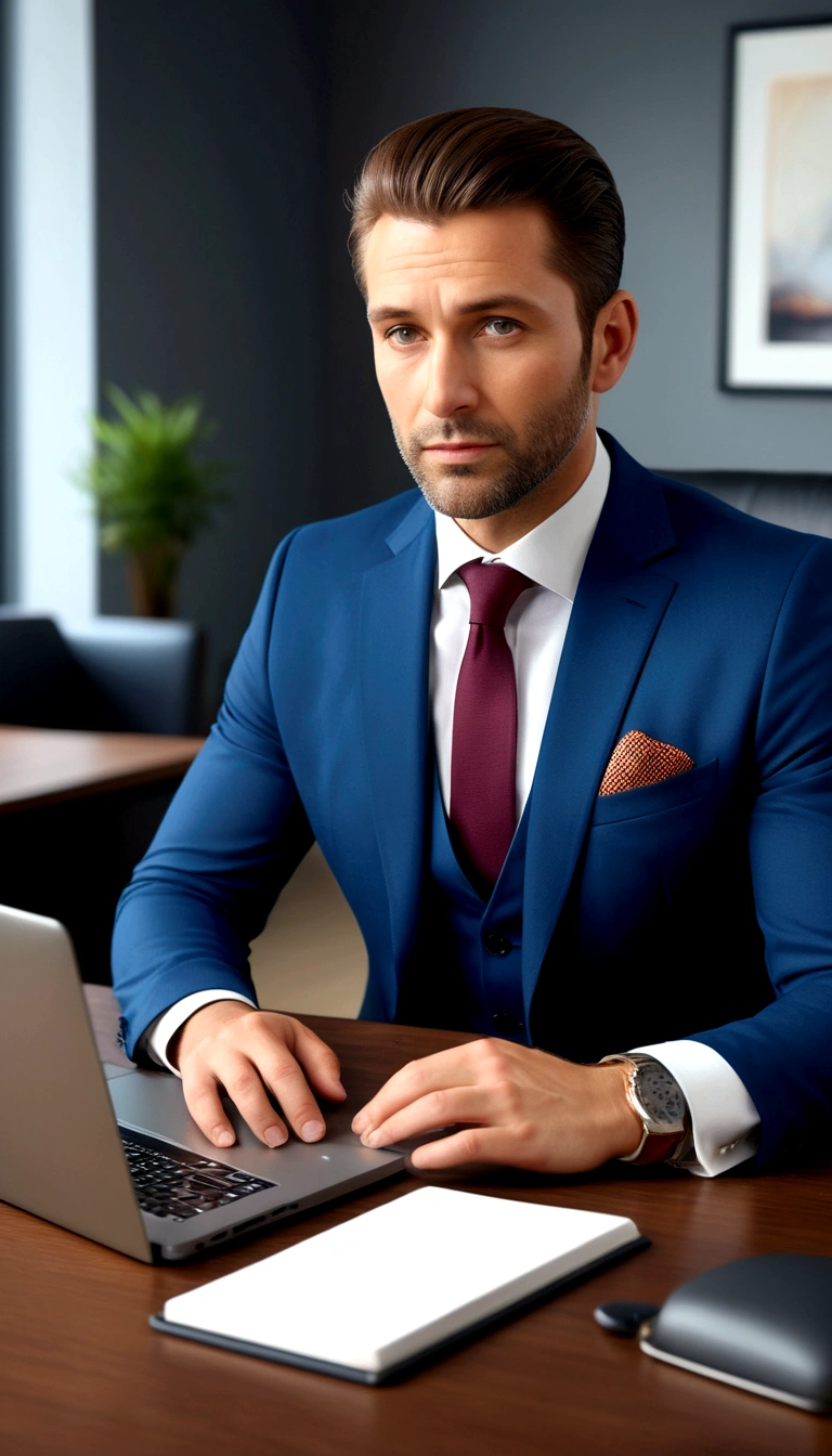 35 year old businessman in elegant suit sitting in professional office environment using laptop, (best quality, 4k, 8k, high resolution, masterpiece: 1.2), highly detailed, (realistic, photorealistic, photorealistic: 1.37), interior offices, elegant furniture, studio lighting, sharp focus, vivid colors, detailed hands and face, business presentation, professional approach, proportional silhouette