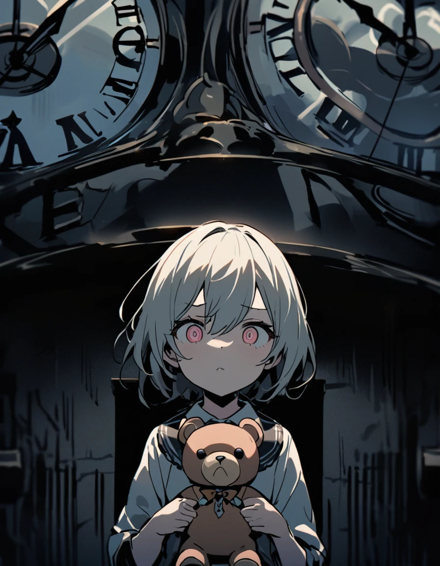There are some neon clocks on the wall.、His hands shine in the darkness、Count down the time。In front of him stood a 10-year-old girl.。The girl carefully holds a neon teddy bear、Looking at the clock with a serious expression。The ticking of the clock echoes through the silence.、The girl&#39;s gaze is fixed on each dial.。Her expression has a quiet interest in the passage of time.。