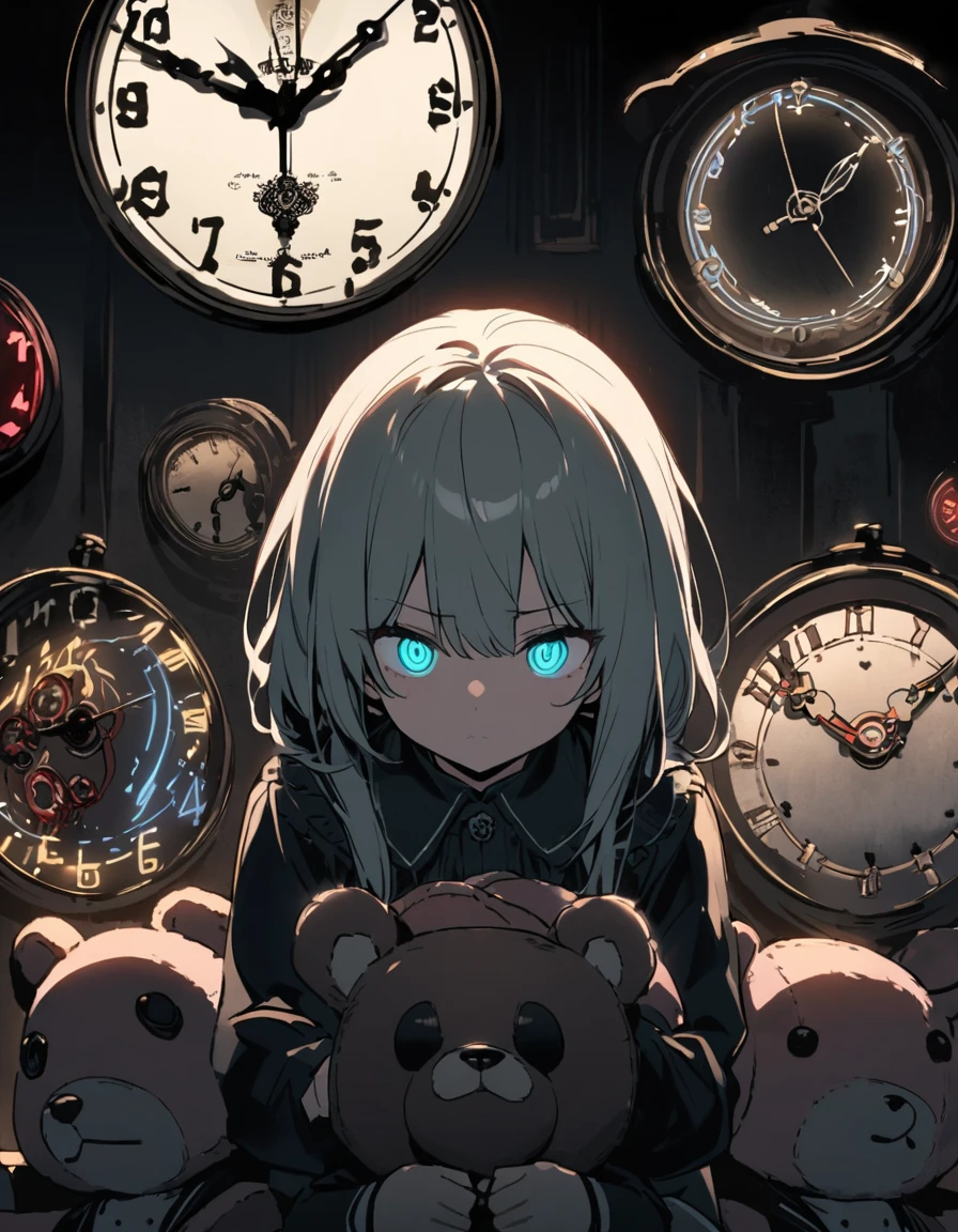 There are some neon clocks on the wall.、His hands shine in the darkness、Count down the time。In front of him stood a 10-year-old girl.。The girl carefully holds a neon teddy bear、Looking at the clock with a serious expression。The ticking of the clock echoes through the silence.、The girl&#39;s gaze is fixed on each dial.。Her expression has a quiet interest in the passage of time.。
