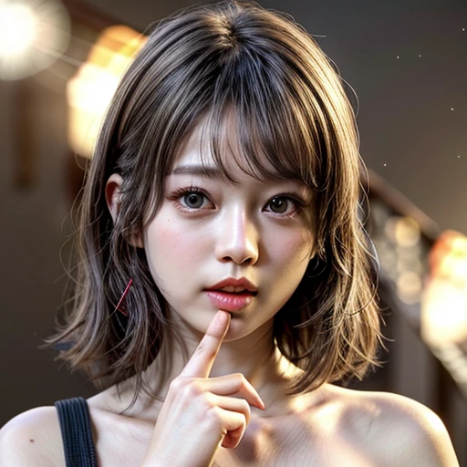 (highest quality,Super detailed,Physically Based Rendering:1.2), (RAW, Realistic, Photorealistic:1.37), (Acutance:0.85),Portraiture,Beautiful young woman with Delicate facial features,Soft lighting, ((Playfully licking finger with tongue, Gently placing a finger in the mouth)), (Close-up shot of sensual lips),Cheeks turn slightly red,A gentle and captivating gaze, cute BabyLike finger . Studio gray background, Light Particles, many blurred colorful Lights (dazzling bokeH) . BREAK . (((NOGIZAKA face variations)))  Extremely Detailed very KAWAII face variations, elaborate detailed Eyes with (sparkling highlights:1.2), (Voluminous long eyelashes:0.9)、Glossy RED Lips with beautiful details, Coquettish tongue, Rosy cheeks, Radiant PearlSkin with clear transparency, (Natural:0.7) Detailed FlawlessSkin with glowing DowneyHair . { (Dynamic LifeLike expressions) | :d) }, (large eyes:-1) . mouth_hold
