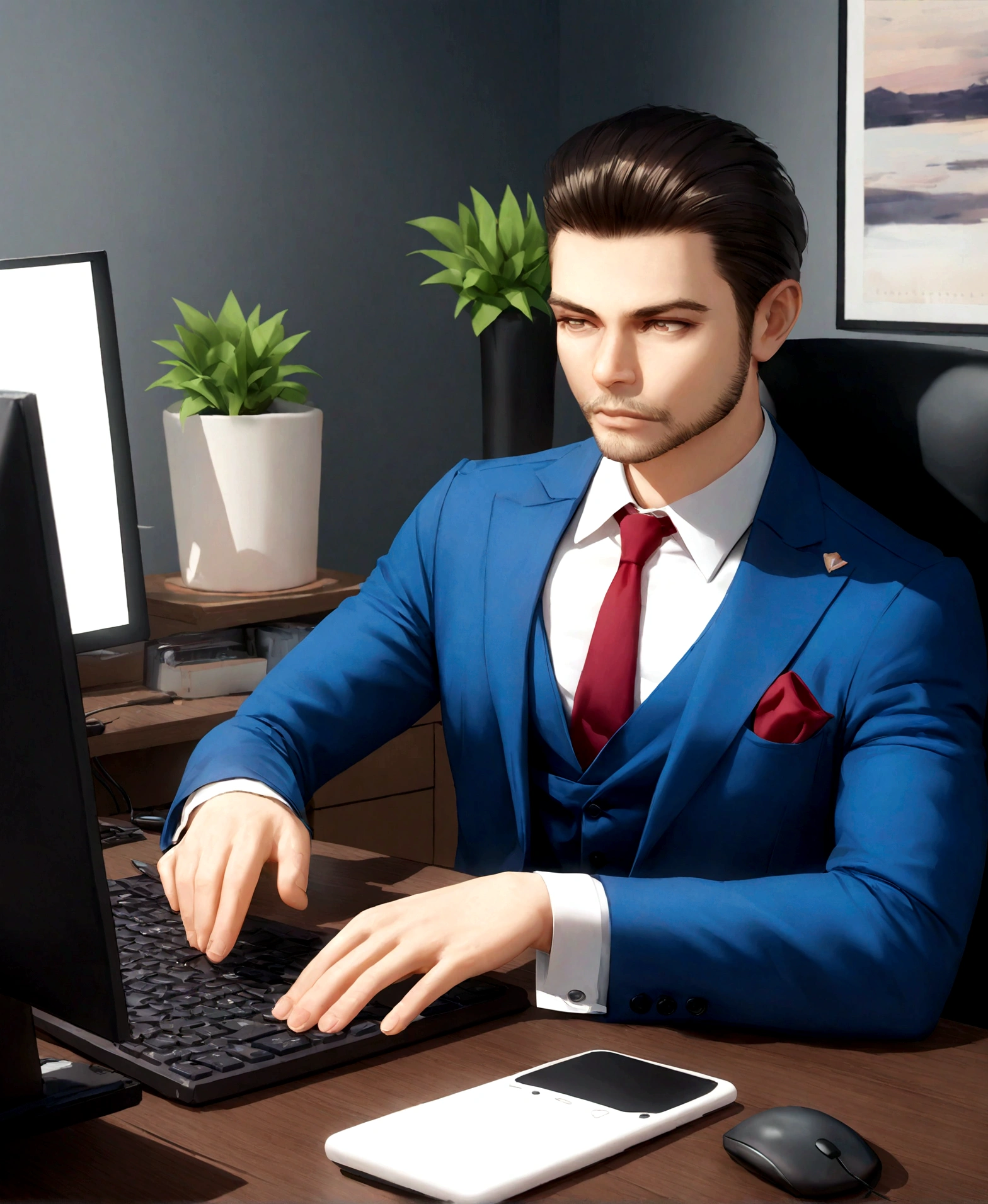 Man in the office, 30 lat, granatowe ubranie, siedzi przy biurku, uses a computer, projekt strony internetowej, very detailed, skomplikowane detale, hiper realistyczny, 8k, masterpiece, kinowe oświetlenie, dynamiczna kompozycja, fotorealistyczny, realistyczny, fotograficzny, dramatyczne cienie, ciepłe tony