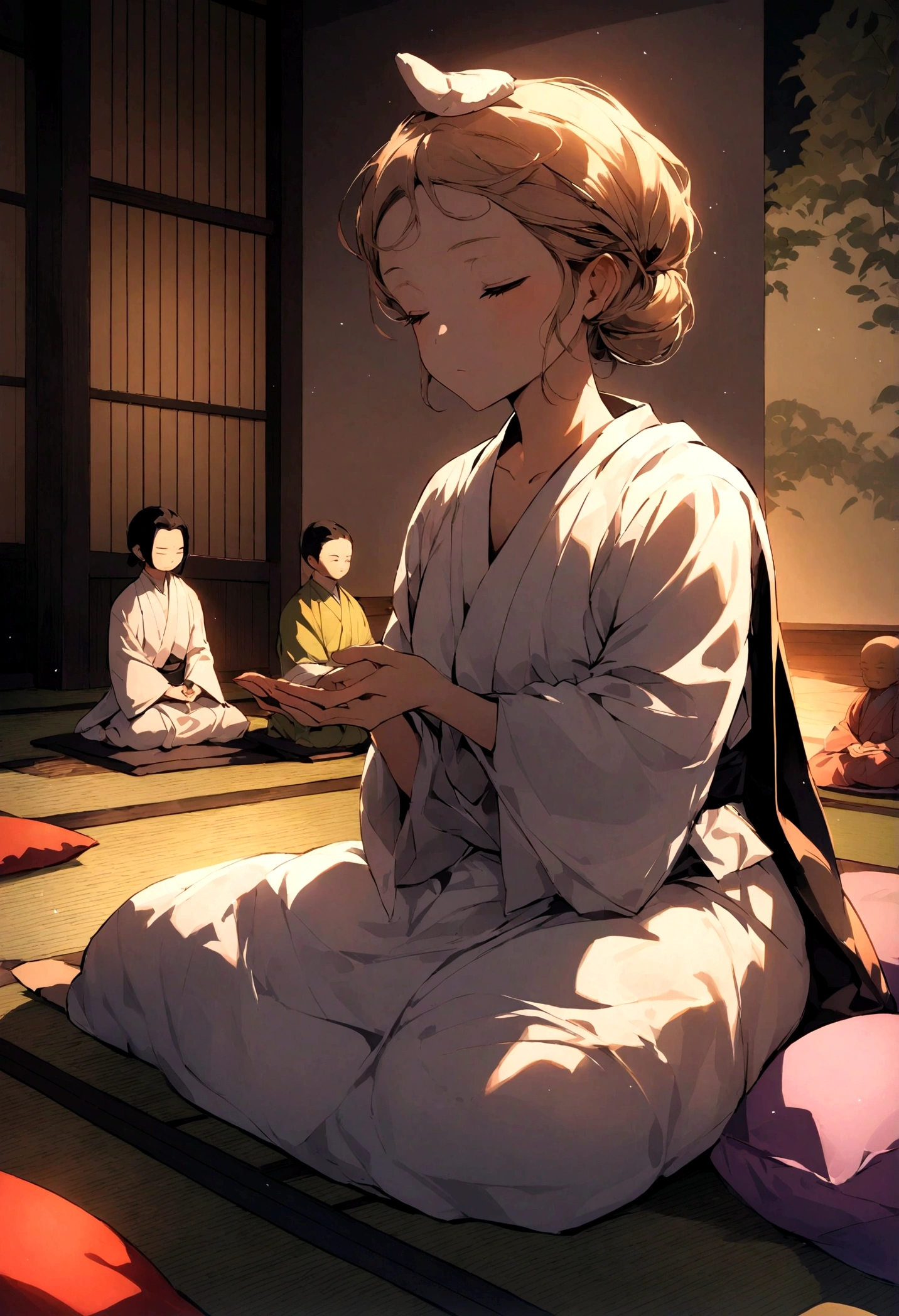 Using dolls and statues imitating the poses of Buddha、Reproduces the image of Buddha in zazen meditation。
Using cushions and tatami mats、Creates a traditional Zen atmosphere。