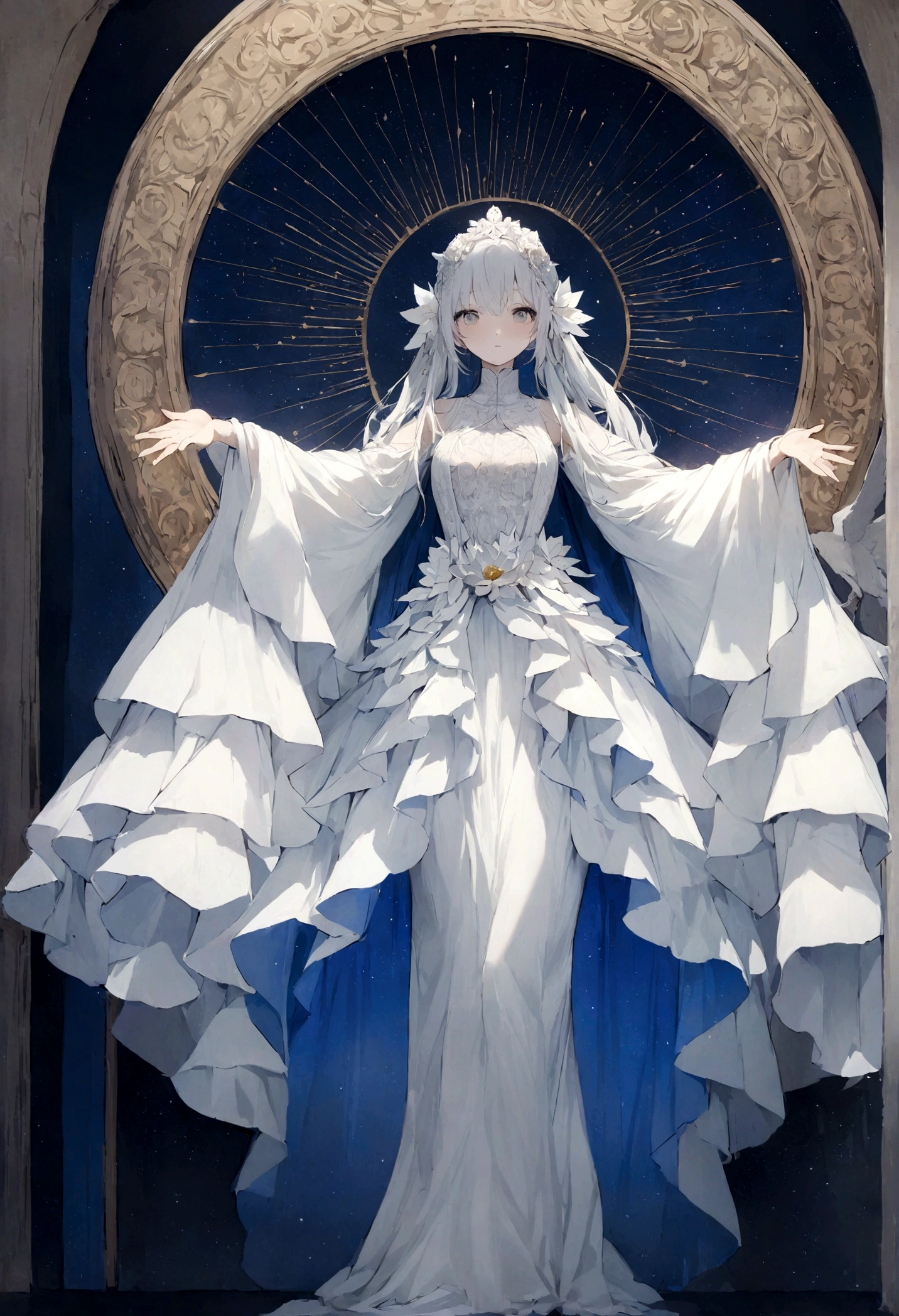 Use blue fabric or curtains to create the image of the sky.、Place a model or image of a lotus flower on top of it.。
Angel or God々A person who represents the image of々Dressed in white costumes and feathered accessories、Have the subject pose with their arms outstretched towards the void.。