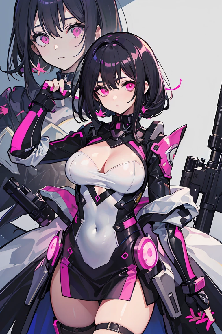 ((1 girl)), Dark circles in the eyes, Untidy face, Cybertechware, Big Firearms, Additional parts for large mechas, Cowboy Shot,((Very detailed,highest quality, High resolution, fell, Sloppy, Lazy and slothful,Apathy, 8k wallpaper, Beautiful clothes,)),((Black Hair, Shortcuts,Messy Hair)), eye shadow, eyeliner,Glow Eye, Very detailedな目, Beautiful Eyes, ((Glowing pink eyes)), 18-year-old girl