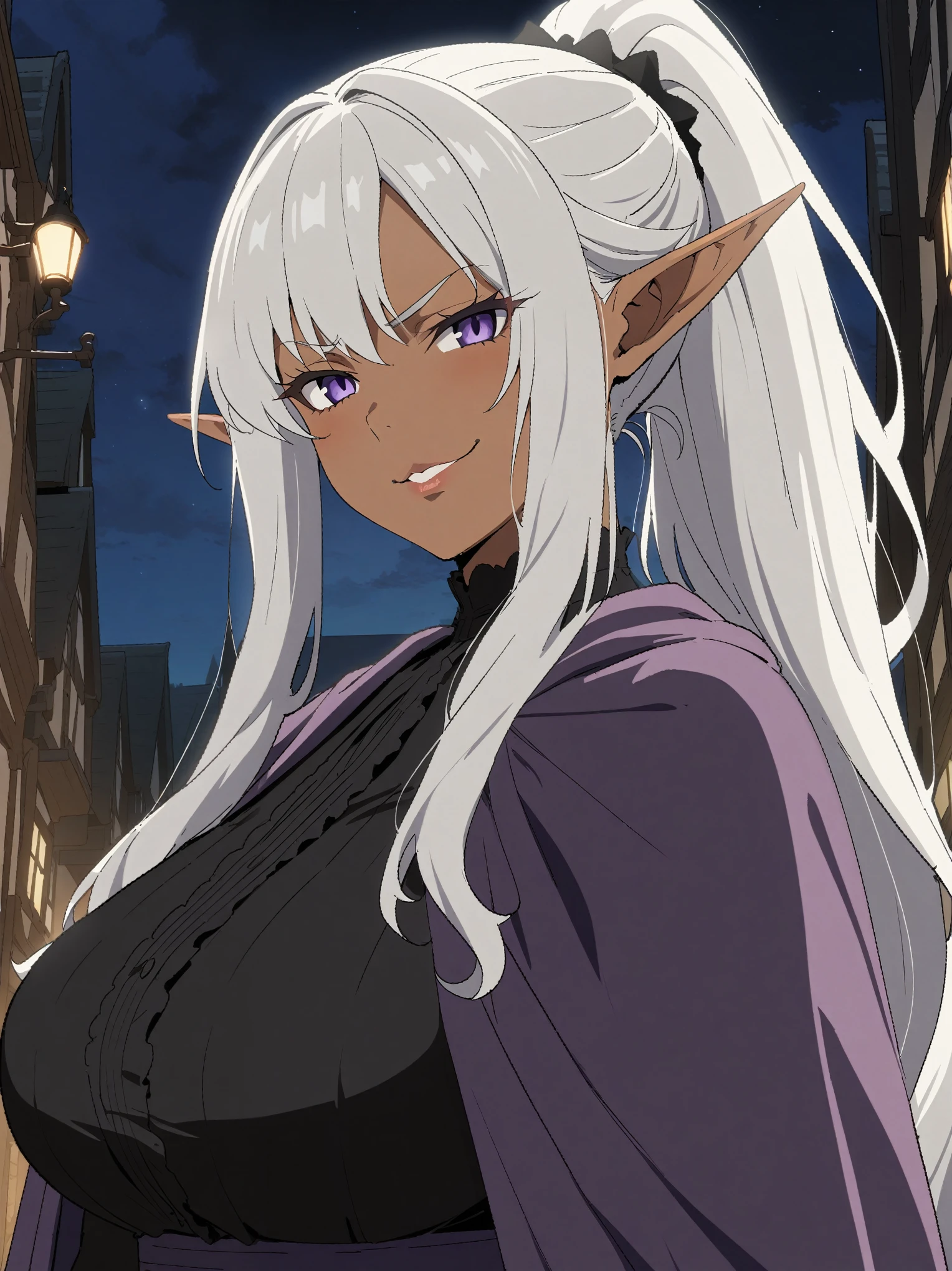 {{portrait, dutch angle}} {{Artist: Sincos}} 1girl, elf, mature female, solo, dark-skinned female, silver hair, long hair, purple eyes, lips, big breasts, curvy, black victorian dress, ponytail, bangs, purple cloak, cruel smirk, outdoors, town, night, looking at viewer, facing viewer, medieval fantasy, (best quality, highres).