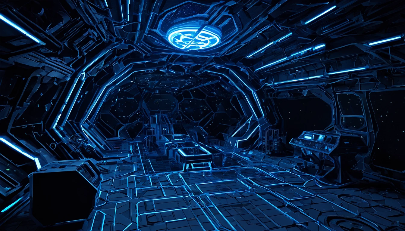 3d game asset of a low poly mesh of a interior of strange alien space battleship, the spaceship ressembles a dark ant nest with high-tech Pipes, eletric wires and lights mixed with some ant-lizard bioluminescent wall as part of ITS structure, painel and objects, automatic Doors, and transparents walls, dark and fearfull modo, mysteries and sinister
