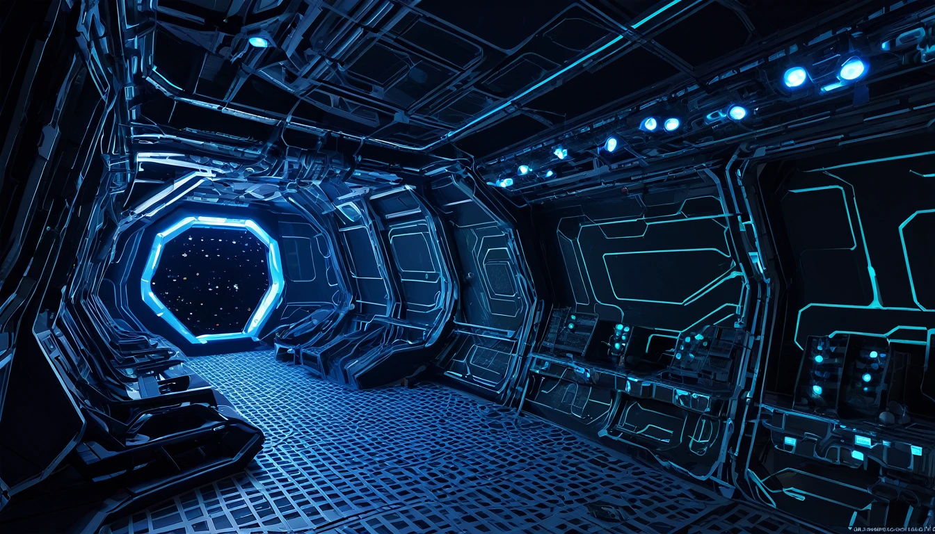 3d game asset of a low poly mesh of a interior of strange alien space battleship, the spaceship ressembles a dark ant nest with high-tech Pipes, eletric wires and lights mixed with some ant-lizard bioluminescent wall as part of ITS structure, painel and objects, automatic Doors, and transparents walls, dark and fearfull modo, mysteries and sinister