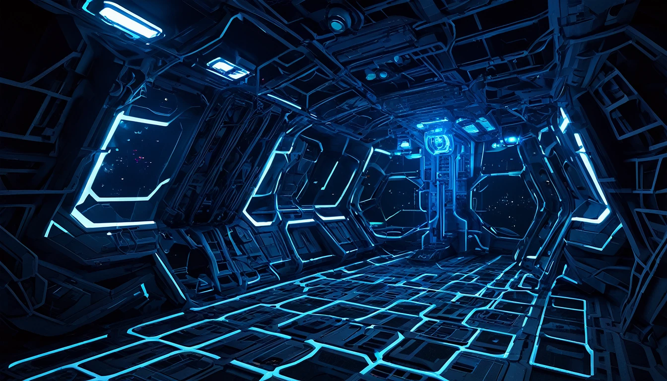 3d game asset of a low poly mesh of a interior of strange alien space battleship, the spaceship ressembles a dark ant nest with high-tech Pipes, eletric wires and lights mixed with some ant-lizard bioluminescent wall as part of ITS structure, painel and objects, automatic Doors, and transparents walls, dark and fearfull modo, mysteries and sinister