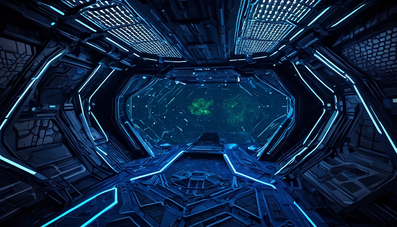 3d game asset of a low poly mesh of a interior of strange alien space battleship, the spaceship ressembles a dark ant nest with high-tech Pipes, eletric wires and lights mixed with some ant-lizard bioluminescent wall as part of ITS structure, painel and objects, automatic Doors, and transparents walls, dark and fearfull modo, mysteries and sinister