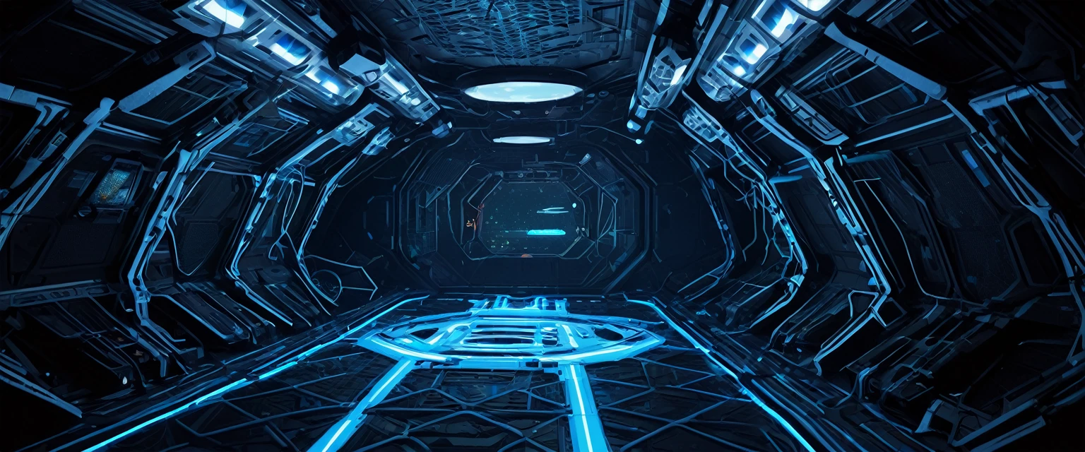 3d game asset of a low poly mesh of a interior of strange alien space battleship, the spaceship ressembles a dark ant nest with high-tech Pipes, eletric wires and lights mixed with some ant-lizard bioluminescent wall as part of ITS structure, painel and objects, automatic Doors, and transparents walls, dark and fearfull modo, mysteries and sinister