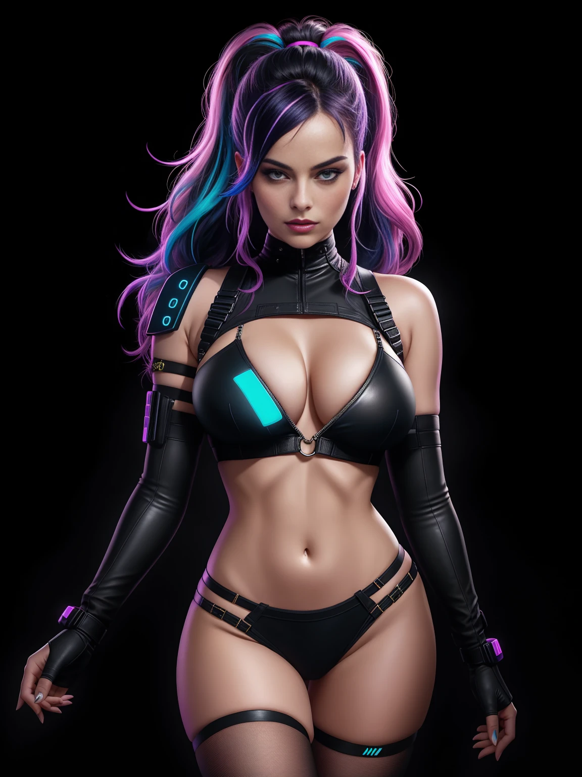 there is Margot Robbie, navy blue and bright purple neon streaked hair, hair in pony tail, 3 d neon art of a womans body, neon-noir background, cyberpunk femme fatale, seductive cyberpunk dark fantasy, cyberpunk strip clubs, cyberpunk 20 y. o model girl, oppai cyberpunk, banner, high definition cgsociety, cgsociety masterpiece, trending on cgstation, kda, random hair, looking at camera, gigantic breasts, cleavage, (high detailed skin:1.2), 8k uhd, dslr, super lighting, high quality, film grain, high res, highly detailed, hyper realistic, beautiful face, beautiful body, beautiful eyes nose lips, alluring expression, very bold, upper  visible, full body photo, standing legs apart, pale translucent glowing skin, most beautiful face, cute, (well defined pubic hair:1.2)), (dark plain black background:1.4))