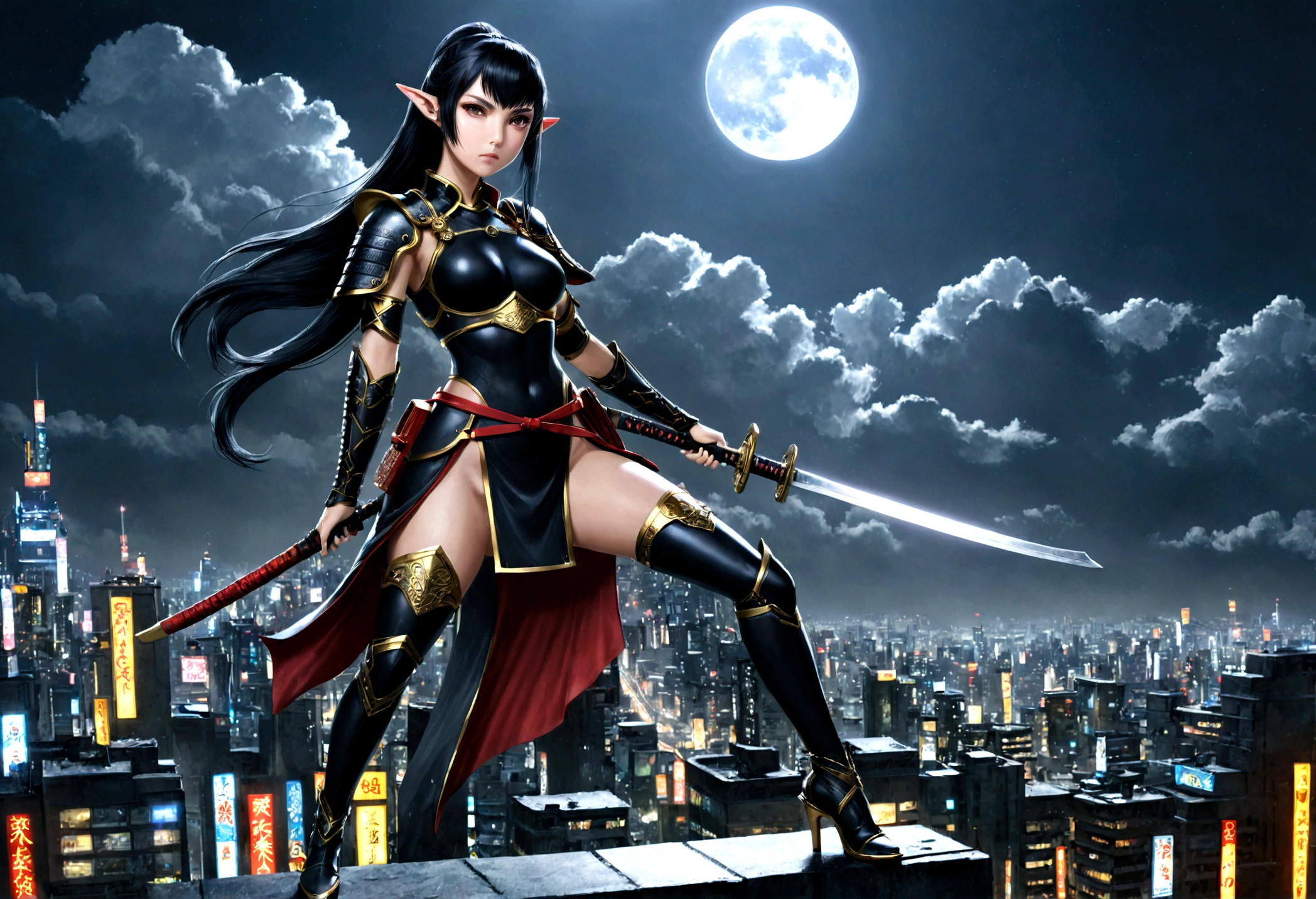 fantasy art, RPG art, dark fantasy art, a female elf samurai, ready to battle, she wears traditional samurai armor, she wears armored skirt, high heeled boots, armed with a katana, she stands on top of a tower in a cyberpunk city, exquisite beautiful female elf, long hair, black hair, straight hair, braided hair, black eyes, intense eyes, small pointed ears, cyberpunk city at night, background, moon, stars, clouds, god rays, soft natural light, dynamic angle, photorealism, panoramic view, ultra best realistic, best details, 16k, [ultra detailed], masterpiece, best quality, (extremely detailed), photorealism,