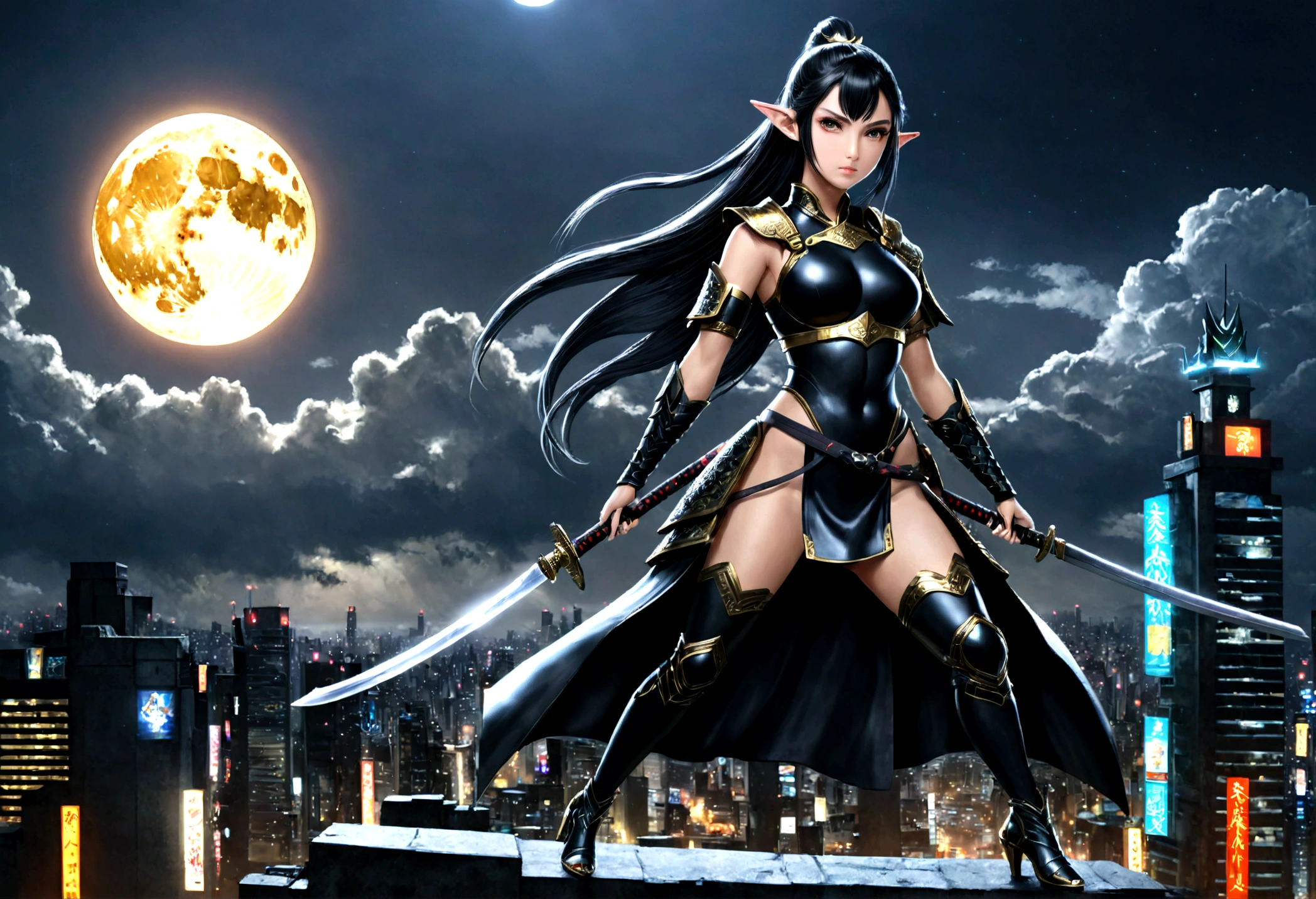 fantasy art, RPG art, dark fantasy art, a female elf samurai, ready to battle, she wears traditional samurai armor, she wears armored skirt, high heeled boots, armed with a katana, she stands on top of a tower in a cyberpunk city, exquisite beautiful female elf, long hair, black hair, straight hair, braided hair, black eyes, intense eyes, small pointed ears, cyberpunk city at night, background, moon, stars, clouds, god rays, soft natural light, dynamic angle, photorealism, panoramic view, ultra best realistic, best details, 16k, [ultra detailed], masterpiece, best quality, (extremely detailed), photorealism,