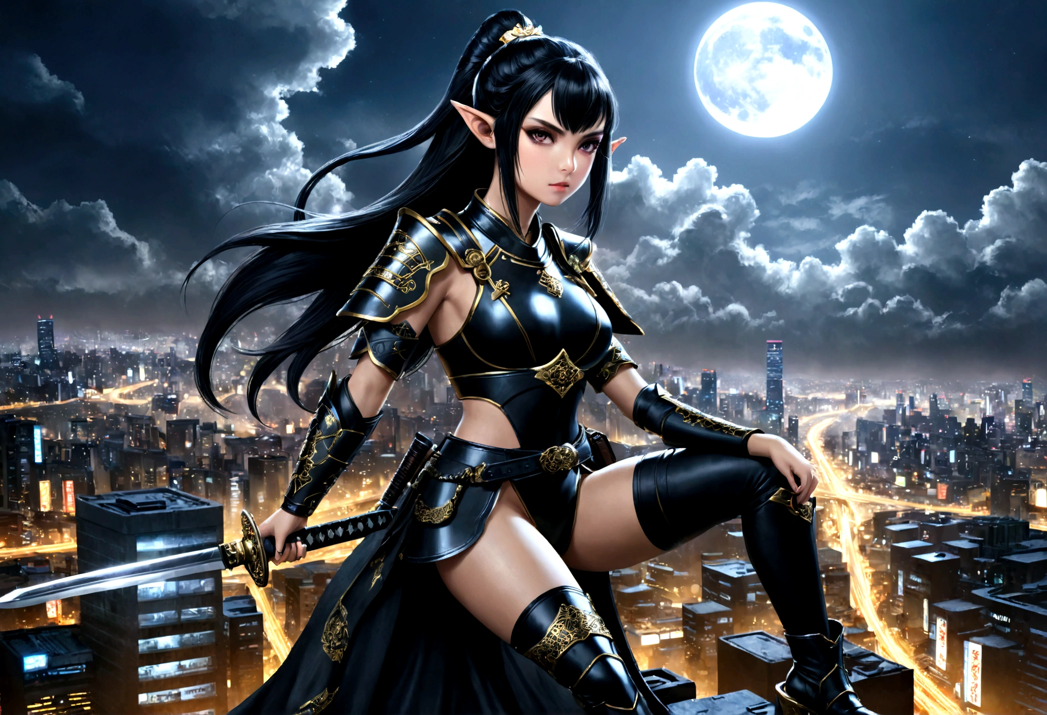 fantasy art, RPG art, dark fantasy art, a female elf samurai, ready to battle, she wears traditional samurai armor, she wears armored skirt, high heeled boots, armed with a katana, she stands on top of a tower in a cyberpunk city, exquisite beautiful female elf, long hair, black hair, straight hair, braided hair, black eyes, intense eyes, small pointed ears, cyberpunk city at night, background, moon, stars, clouds, god rays, soft natural light, dynamic angle, photorealism, panoramic view, ultra best realistic, best details, 16k, [ultra detailed], masterpiece, best quality, (extremely detailed), photorealism,