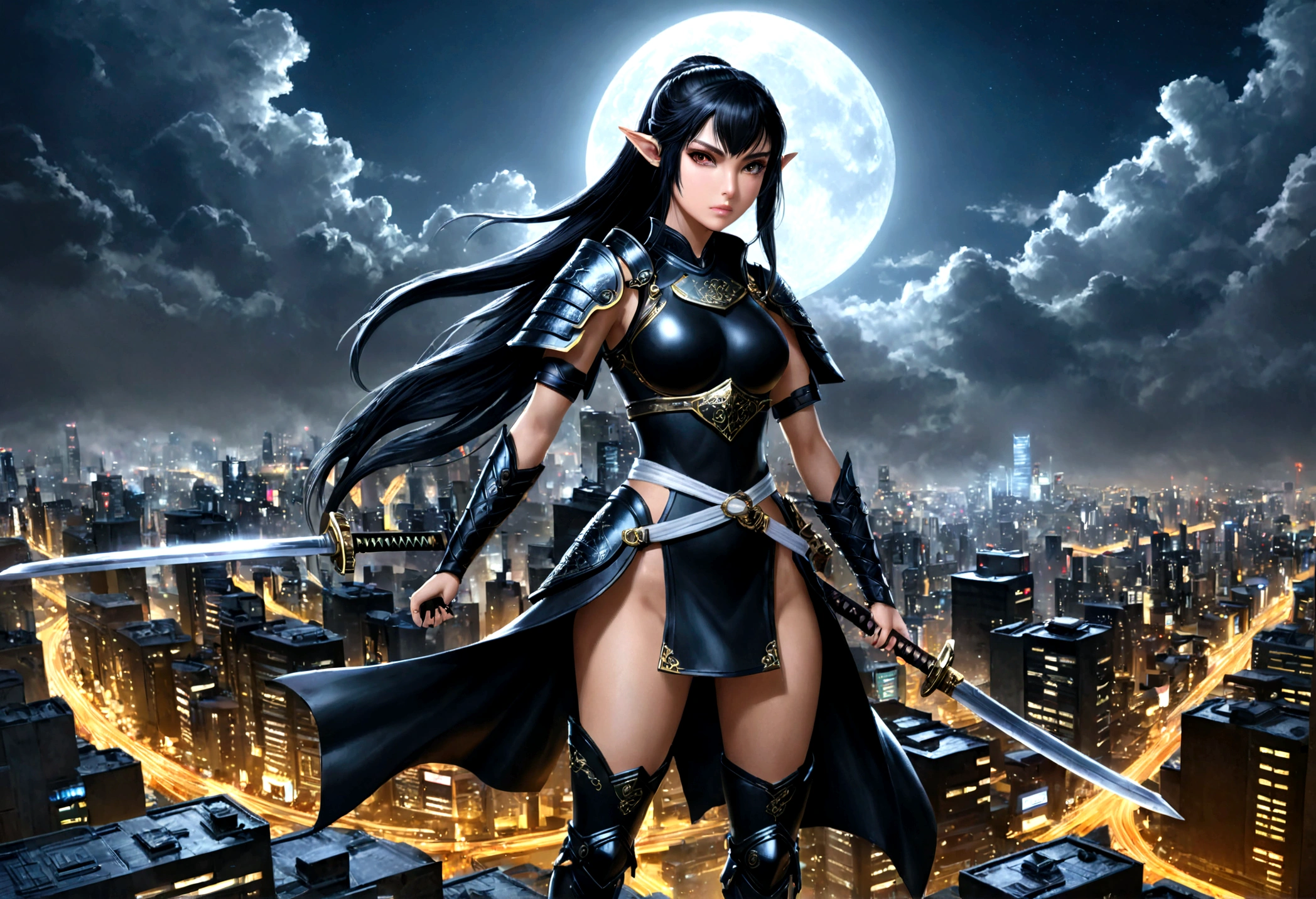 fantasy art, RPG art, dark fantasy art, a female elf samurai, ready to battle, she wears traditional samurai armor, she wears armored skirt, high heeled boots, armed with a katana, she stands on top of a tower in a cyberpunk city, exquisite beautiful female elf, long hair, black hair, straight hair, braided hair, black eyes, intense eyes, small pointed ears, cyberpunk city at night, background, moon, stars, clouds, god rays, soft natural light, dynamic angle, photorealism, panoramic view, ultra best realistic, best details, 16k, [ultra detailed], masterpiece, best quality, (extremely detailed), photorealism,