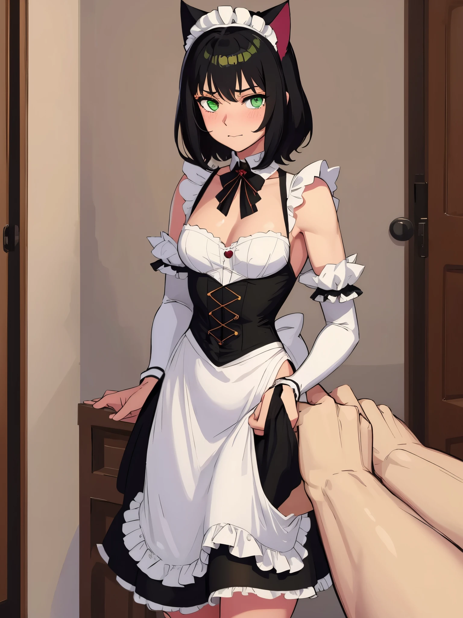 (masterpiece, best quality:1.2), aka6, 1girl, solo, medium hair, black hair, green eyes, cat eyes, slim body, cheerfull, happy, blush, closed mouth, small breasts, maid outfit, catgirl