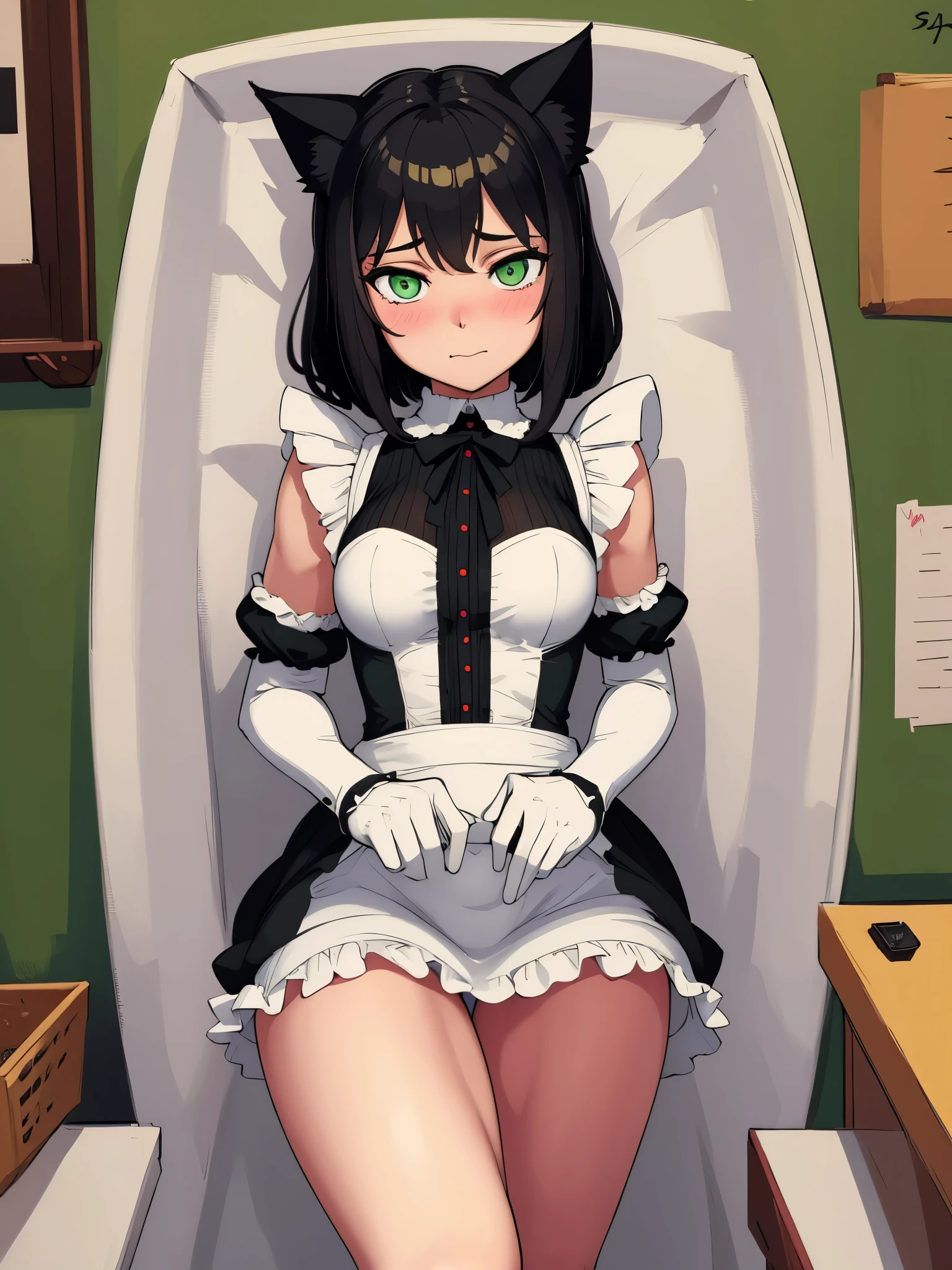 (masterpiece, best quality:1.2), aka6, 1girl, solo, medium hair, black hair, green eyes, cat eyes, slim body, cheerfull, happy, blush, closed mouth, small breasts, maid outfit, catgirl