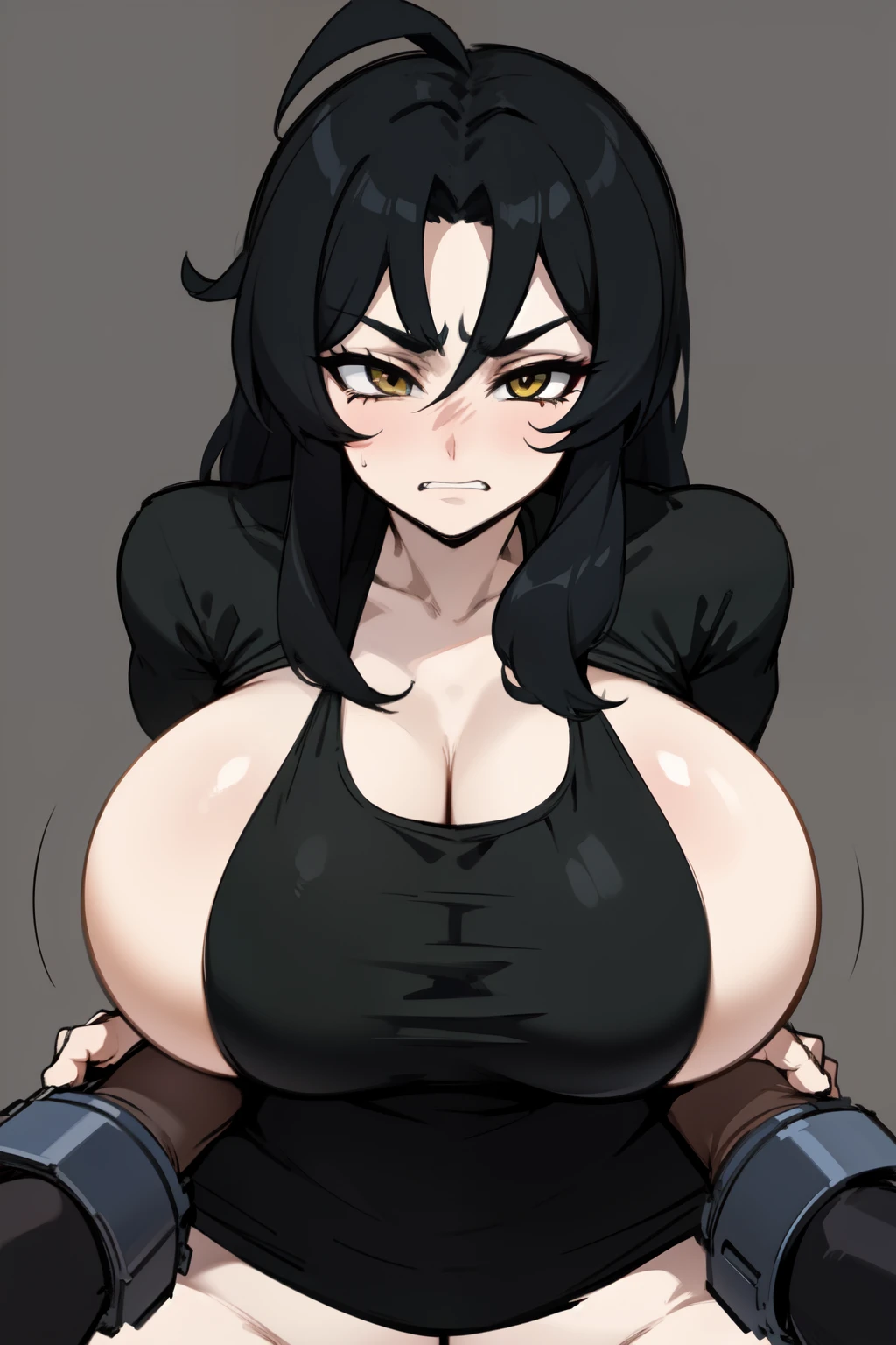 athletic build massive breasts pale skin black hair yellow eyes sad frown long hair