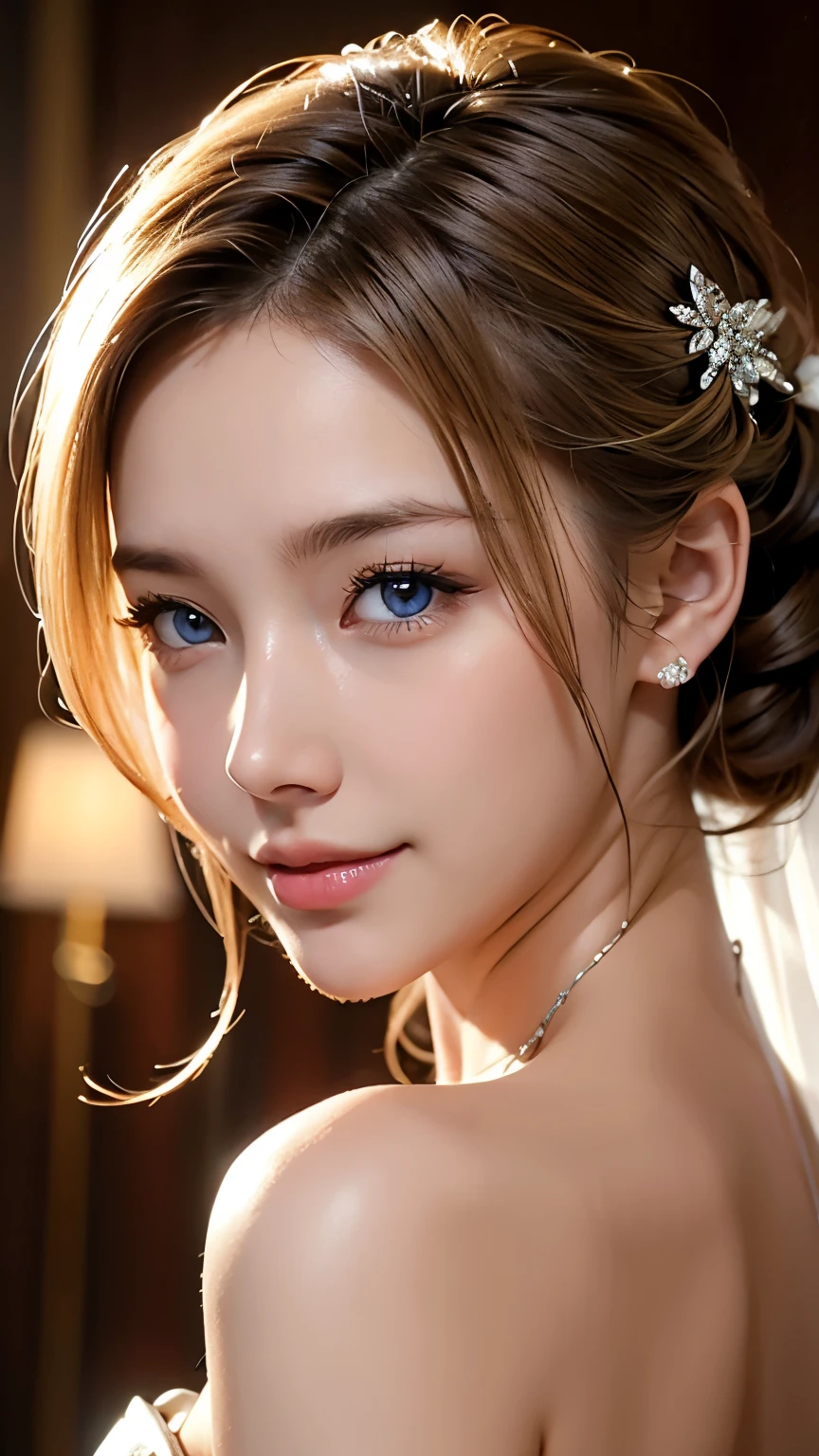 bride、wedding style、wedding styleの写真、Luxury Dresses、church、Lightly Dressed、Formal Wear、night景、illumination、blue eyes、blonde、short hair、Hair tied up、Full body photo、Sexy Face、short hair、 Complete look、(((masterpiece)))、((highest quality))、((超Realistic))、成熟したwoman、成熟したwoman、perspective、Very detailed、The perfect temptation、Best image quality、Fine-grained image quality、beautiful、European, woman, French, woman Italian, Italian, smile、blue eyes、jewelry, blue eyes, Realistic, High resolution, Glowing Skin, (Detailed face),jewelry, , night, blonde, Wavy Hair,attractive appearance, smile,Large Breasts、Cleavage