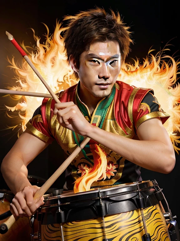 a close up of a person with a drum and a fire, rossdraws cartoon vibrant, inspired by Huang Shen, inspired by Pu Hua, sun wukong, vibrant fan art, extremely detailed artgerm, drummer, sakimichan frank franzzeta, rossdraws sakimimichan, inspired by Gong Xian, dio brando, rossdraws and jazza