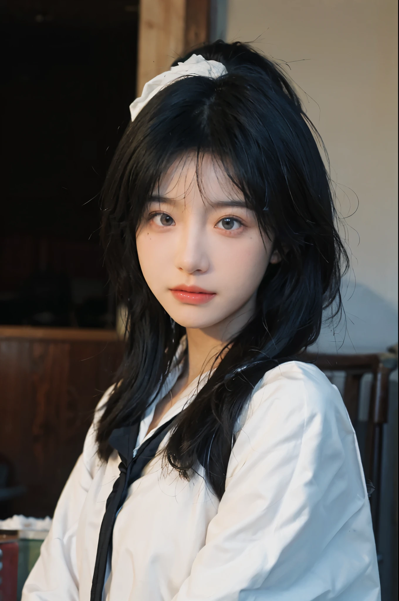 Best quality，Ultra-high resolution，（lifelike：1.4），Cute hairpin，2girll，Sparkling eyes，Short blue hair，jk，Snow-white skin，Blush，Slim beauty：1.4，，At school，Ultra-fine face，Exquisite eyes，Double eyelids，