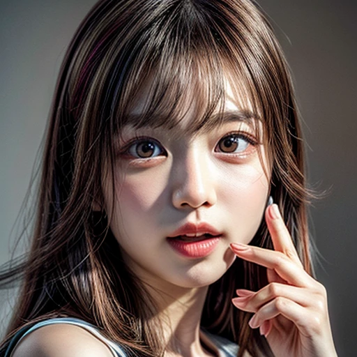 (highest quality,Super detailed,Physically Based Rendering:1.2), (RAW, Realistic, Photorealistic:1.37), (Acutance:0.85),Portraiture,Beautiful young woman with Delicate facial features,Soft lighting, ((Playfully licking finger with tongue, Gently placing a finger in the mouth)), (Close-up shot of sensual lips),Cheeks turn slightly red,A gentle and captivating gaze, cute Like finger . Studio gray background, Light Particles, many blurred colorful Lights (dazzling bokeH) . BREAK . (((NOGIZAKA face variations))) Extremely Detailed very KAWAII face variations, elaborate detailed Eyes with (sparkling highlights:1.2), (Voluminous long eyelashes:0.9)、Glossy RED Lips with beautiful details, Coquettish tongue, Rosy cheeks, Radiant PearlSkin with clear transparency, (Natural:0.7) Detailed FlawlessSkin with glowing DowneyHair . { (Dynamic LifeLike expressions) | :d) }, (large eyes:-1) . mouth_hold, Different types of colorful hair colors,