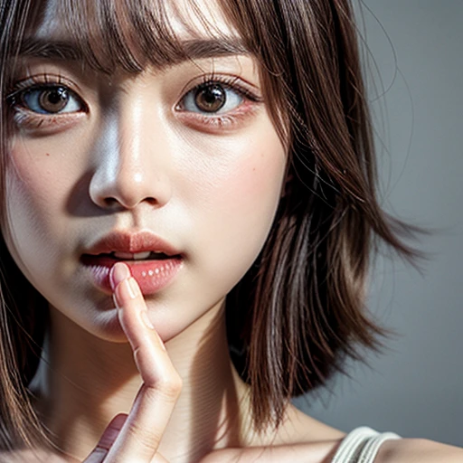 (highest quality,Super detailed,Physically Based Rendering:1.2), (RAW, Realistic, Photorealistic:1.37), (Acutance:0.85),Portraiture,Beautiful young woman with Delicate facial features,Soft lighting, ((Playfully licking finger with tongue, Gently placing a finger in the mouth)), (Close-up shot of sensual lips),Cheeks turn slightly red,A gentle and captivating gaze, cute Like finger . Studio gray background, Light Particles, many blurred colorful Lights (dazzling bokeH) . BREAK . (((NOGIZAKA face variations)))  Extremely Detailed very KAWAII face variations, elaborate detailed Eyes with (sparkling highlights:1.2), (Voluminous long eyelashes:0.9)、Glossy RED Lips with beautiful details, Coquettish tongue, Rosy cheeks, Radiant PearlSkin with clear transparency, (Natural:0.7) Detailed FlawlessSkin with glowing DowneyHair . { (Dynamic LifeLike expressions) | :d) }, (large eyes:-1) . mouth_hold, Different types of colorful hair colors, 