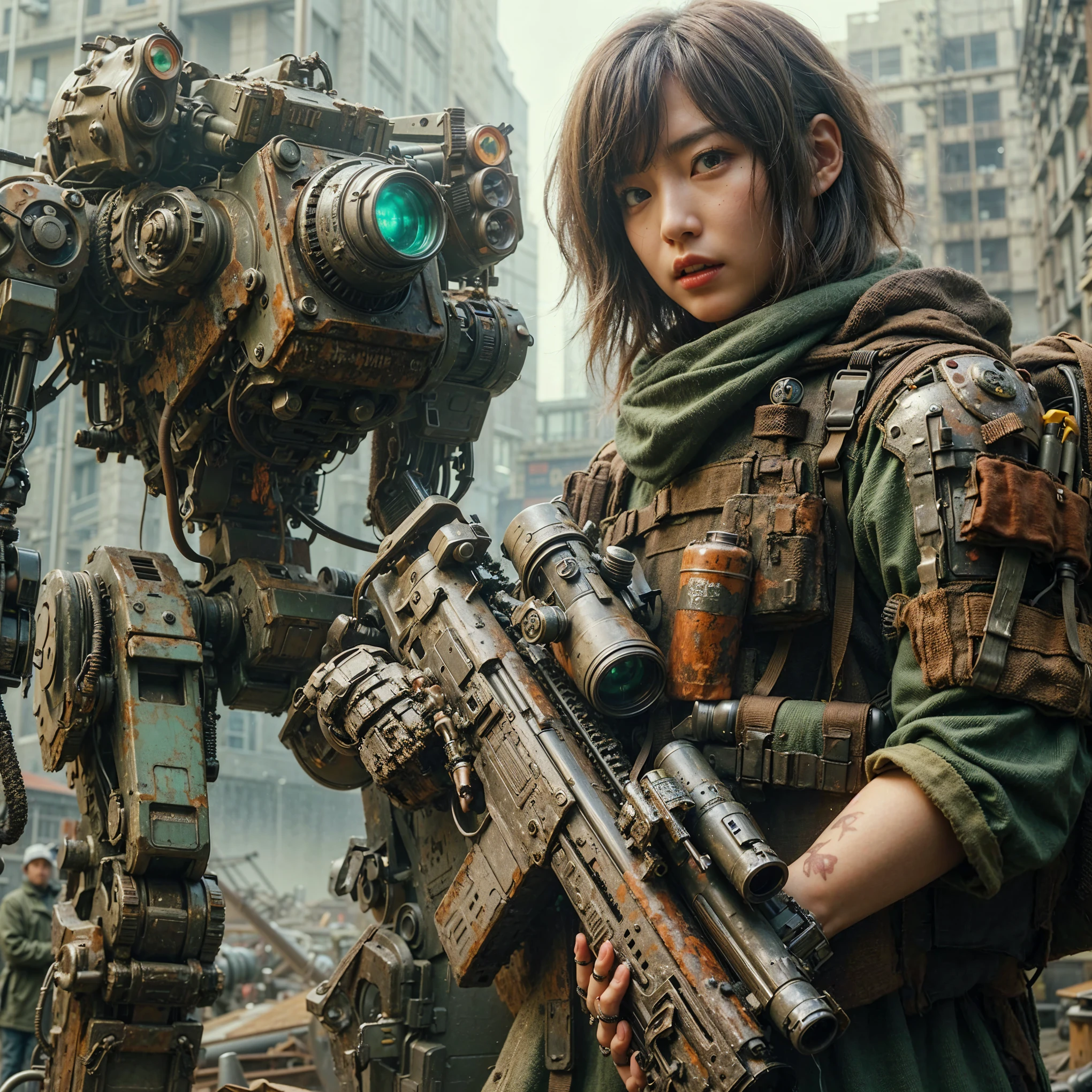 superrealism, ultra high res,8k,(Photorealsitic:1.4), (WWⅡ-like mechanical suit:1.2), designed by Hajime Katoki,heavy weapons,vivid textures,animal legs, gradation hair, japanese female soldier,(ultra beautiful face),((super realistic all textures)), ((super intricate all details)), full body shot, ultra sharp photo result, Olive Drab color, scratch, Rust, weathering, steampunk, taken with Fuji film X-T30+Nokton. HDR10,Minimum of 4 pieces created