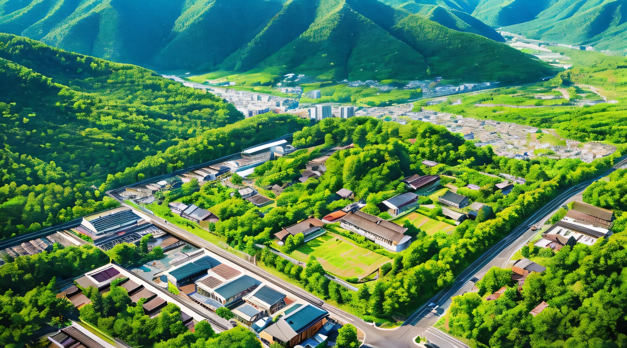 map, japanese, overhead shot, town, flat illustration, forest, small mountain
