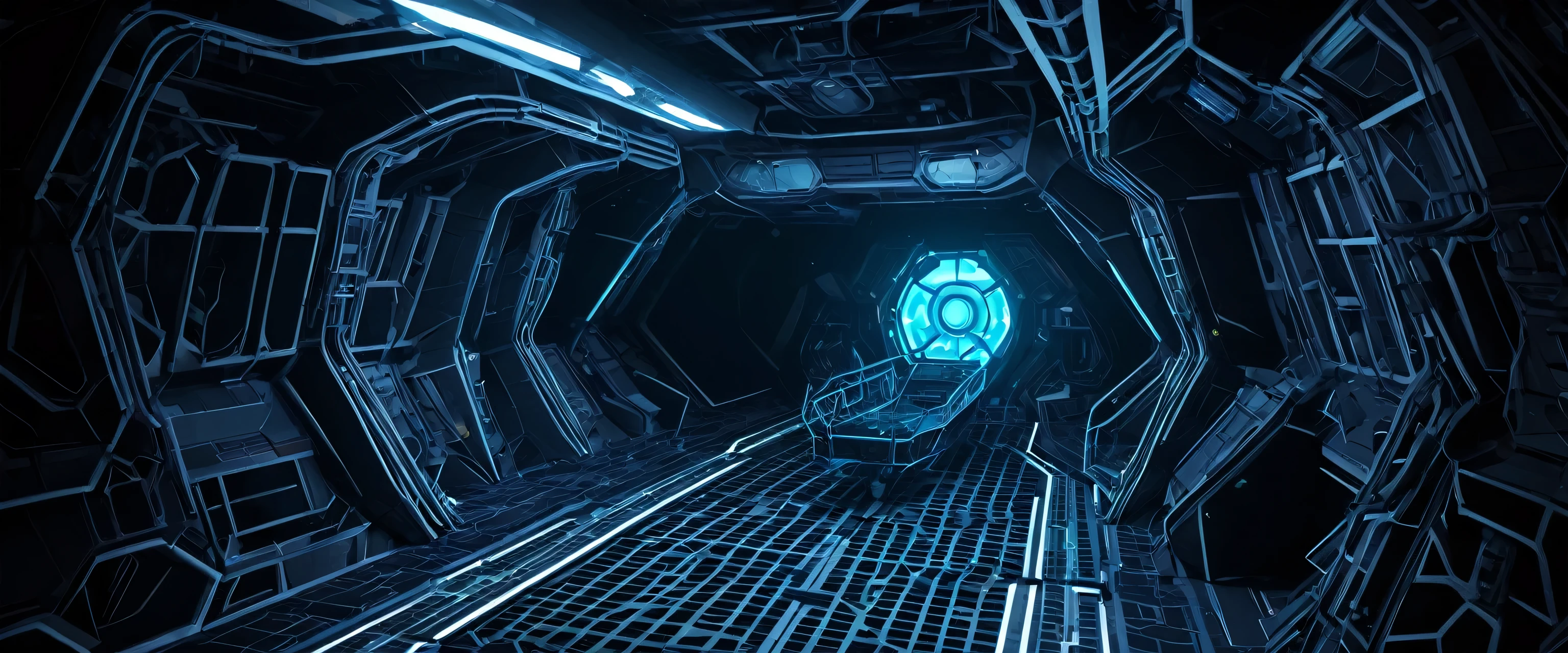 3d game asset of a low poly mesh of a interior of strange alien space battleship, the spaceship ressembles a dark ant nest with high-tech Pipes, eletric wires and lights mixed with some ant-lizard bioluminescent wall as part of ITS structure, painel and objects, automatic Doors, and transparents walls, dark and fearfull modo, mysteries and sinister