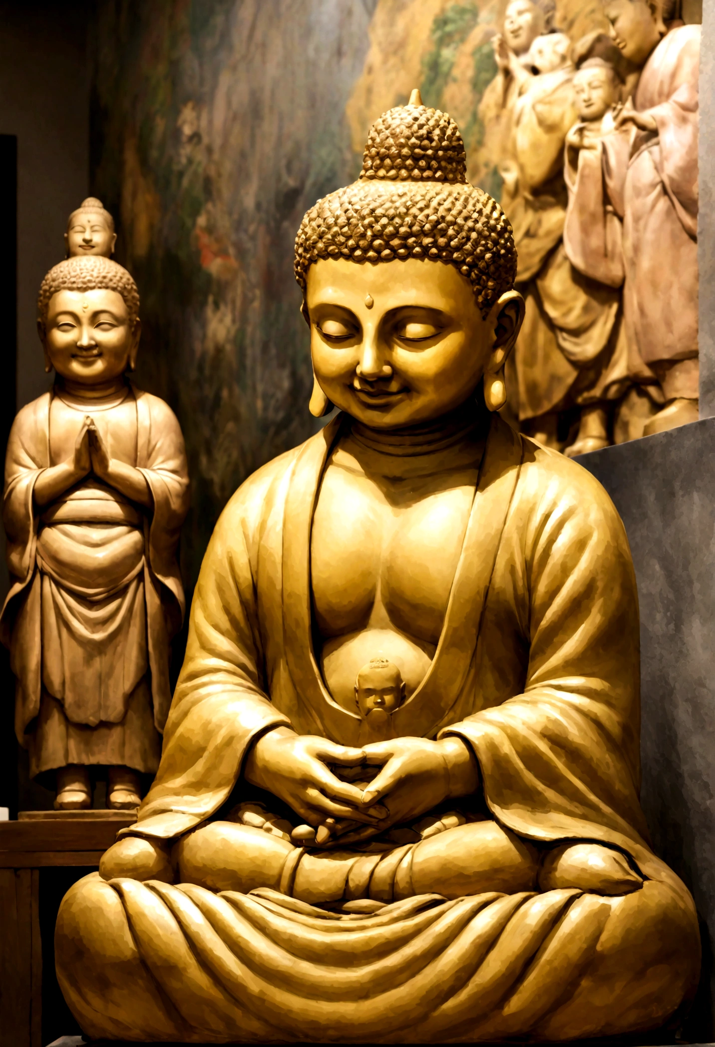Using paintings and statues of Buddha、Reproduce the image of smiling Buddha。