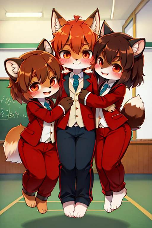 3girls, wolf and fox and tanuki, furry, bodyfur, tail, blazer, red jersey pants, long pants, glove, barefoot, chibi, sparkling eyes, triplets, full body, love triangle, hug from behind, jumping, jealous, school, classroom