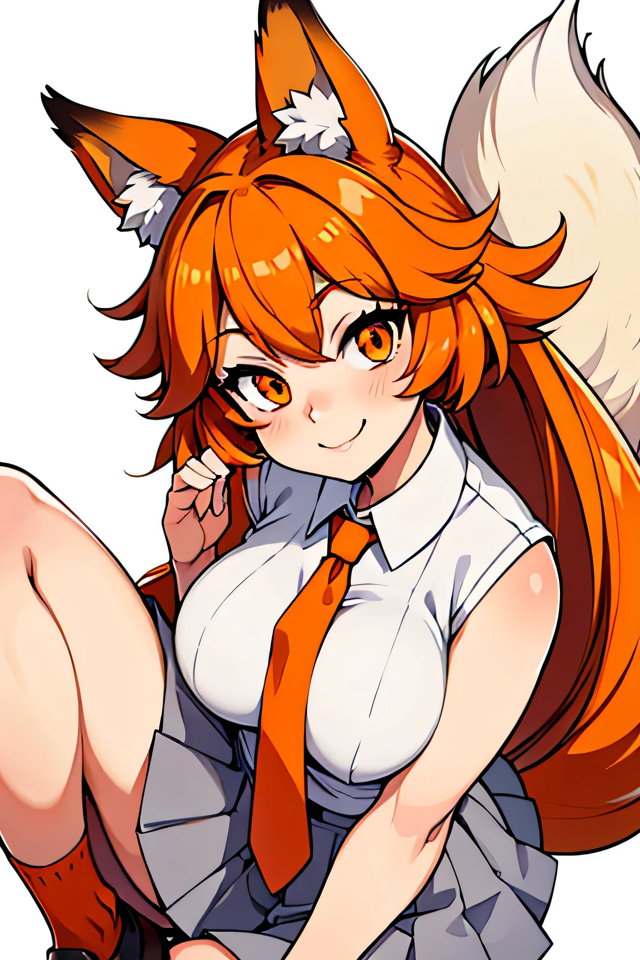 A  Kemonomimi Fox girl with a beautiful face, Orange eyes, Orange hair, cute fluffy Fox ears, Orange Tie, white Shirt, grey skirt, Long grey socks, cute japanese  Shoes, smiling, Charismatic